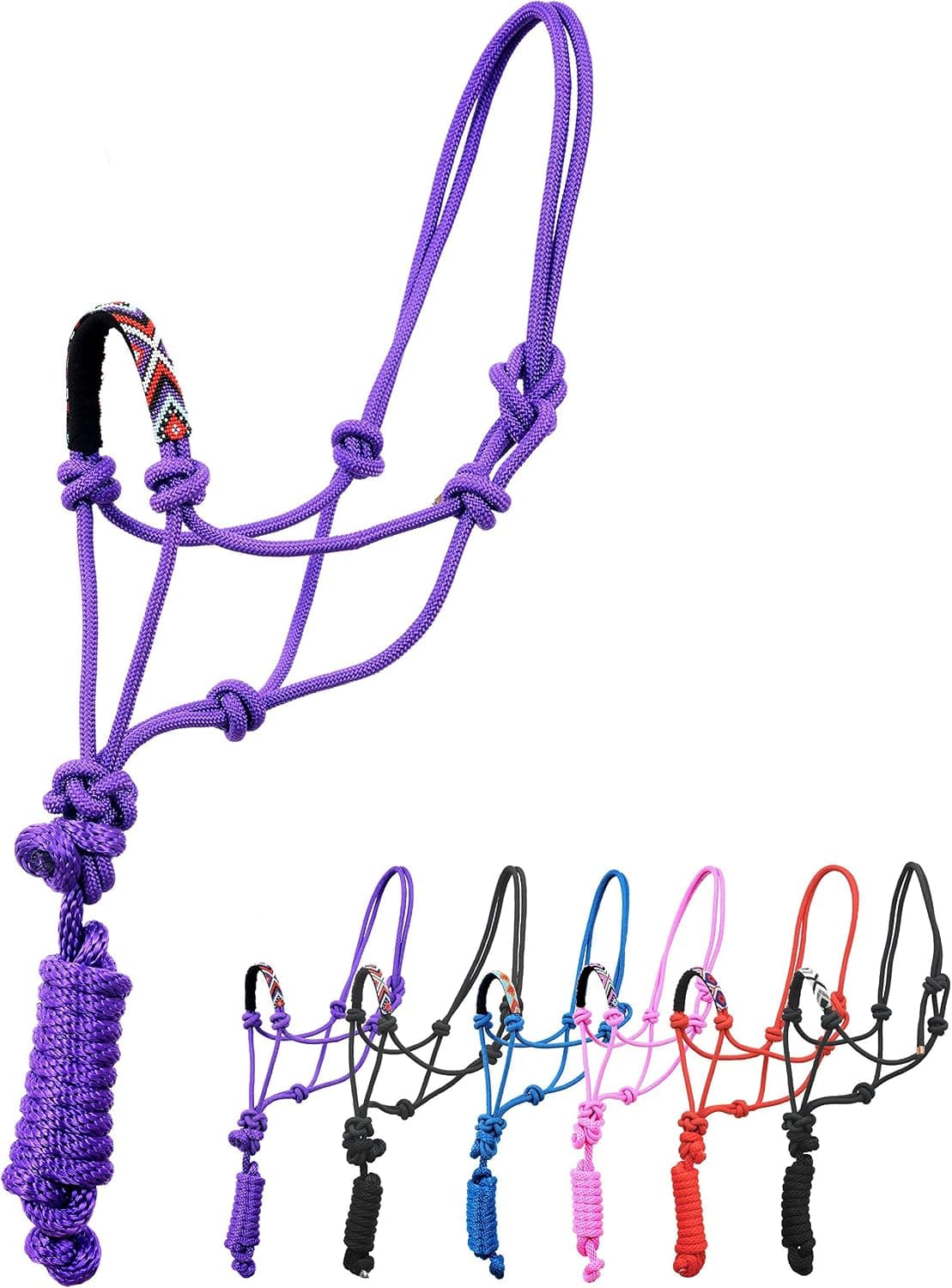 SIE Nylon Horse Braided Rope Halter Beaded Noseband Lead Rope