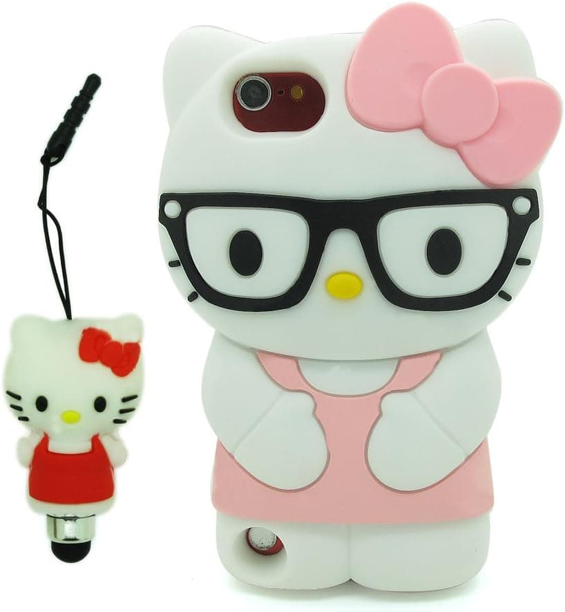 DD(TM) Pink 3D Cartoon Cute Super Adorable Hello Kitty with Glasses Soft Silicone Case Skin Protective Cover for Apple iPod Touch iTouch 5 5G 5th Generation with 3D Silicone Hello Kitty Stylus Touch Pen
