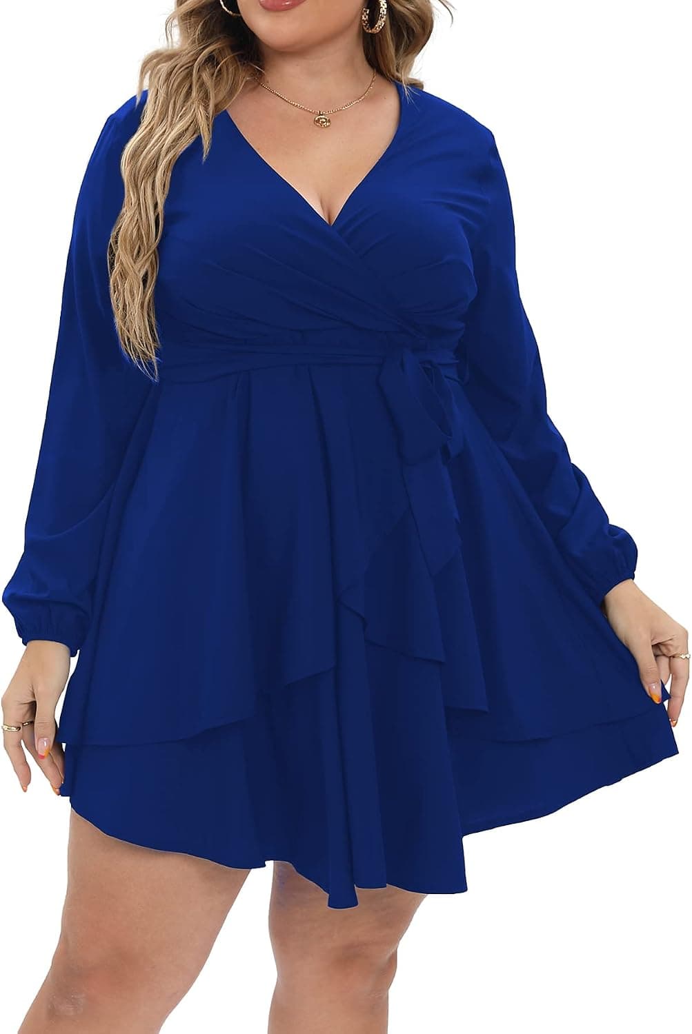 ALLEGRACE Plus Size Dress Women Sexy Casual Long Sleeve Ruffle Wrap Swing Mini Dresses