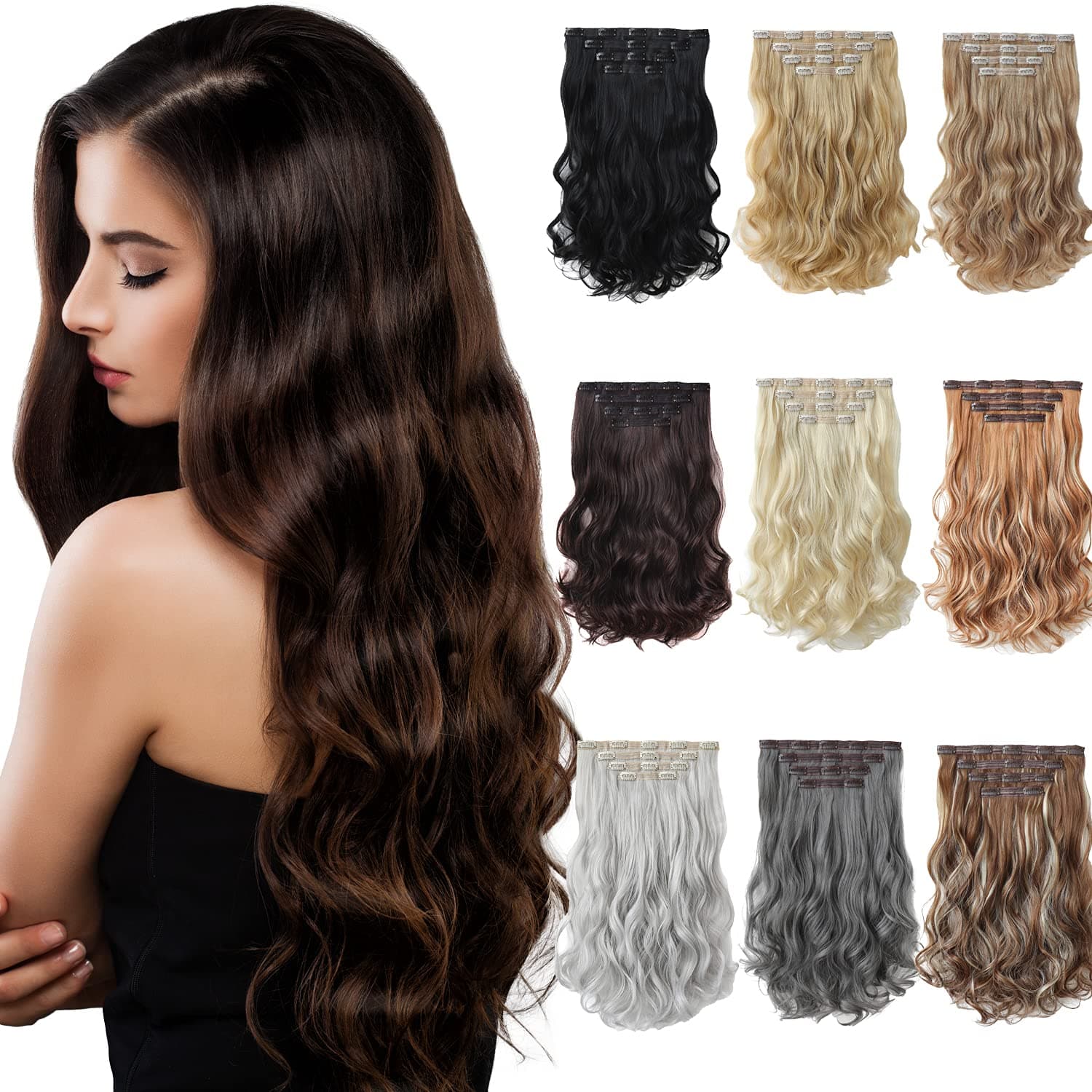 Hair Extensions RIVAN 4PCS 18Inch Long Wavy Synthetic Fiber Clip in Hair Extensions Double Weft Soft Hair for Women Full Head dark Black