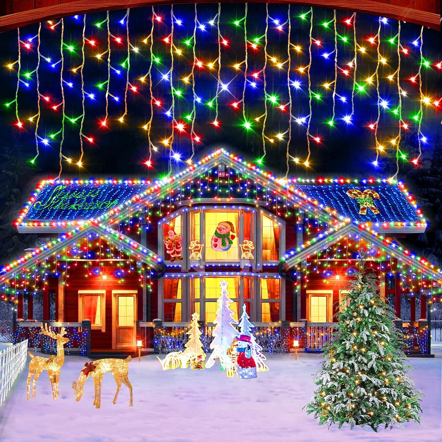99FT Christmas Lights Decorations Outdoor - 1216 LEDs 8 Modes Curtain Fairy Lights with 228 Drops, 8 Modes Timer Function Waterproof for Indoor Outdoor Holiday Wedding Party Decorations, Multicolor