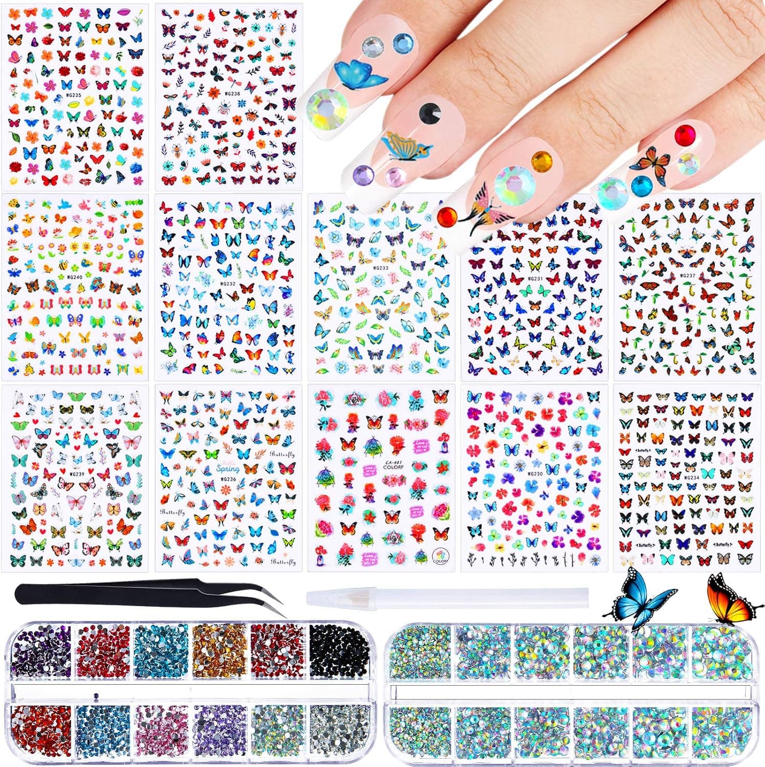12 Sheets Butterfly Nail Decals Flower Butterfly Nail Art Stickers and 4 Boxes Nail Art Rhinestones Diamond Crystal Bead Gems with Tweezers and Rhinestone Picking Pen for Nail Art Decoration