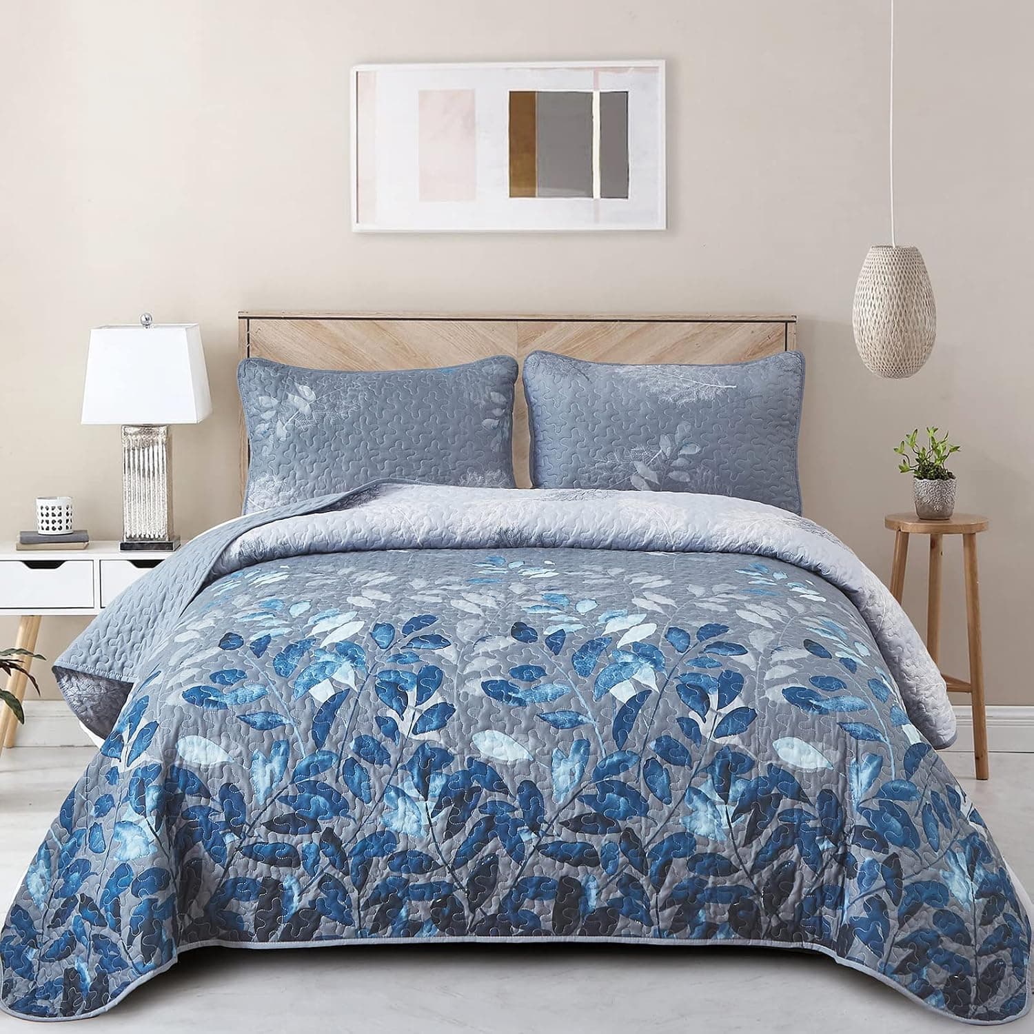 Blue Quilt Set Queen Size,3 Pieces Navy Blue Floral Bedspread Coverlet Set,Soft Microfiber Lightweight Floral Bedding Set Queen 96"x90"