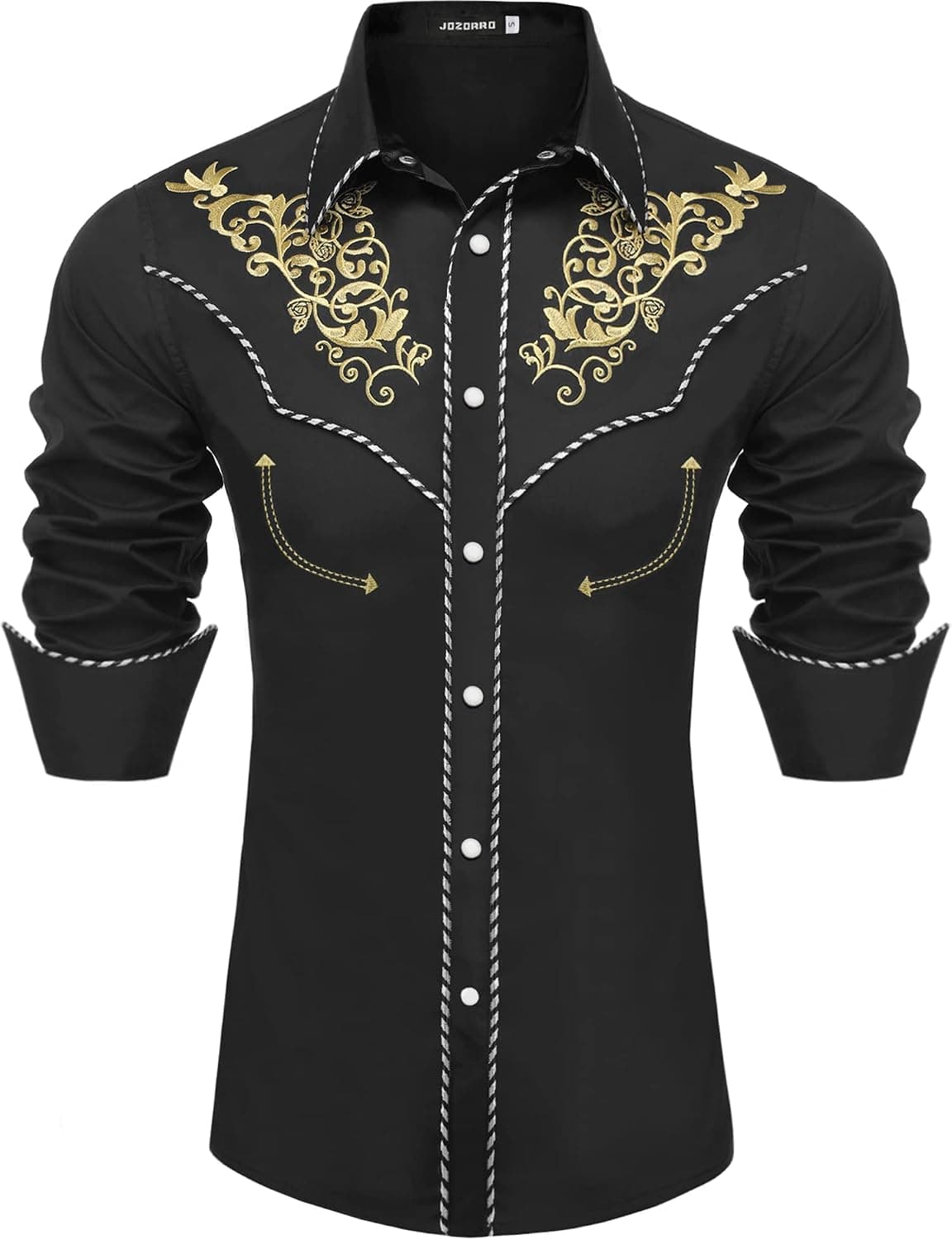 JoZorro Men's Long Sleeve Pearl Snap Shirt Rhinestone Cowboy Cut Western Embroidered Casual Button Down Shirt