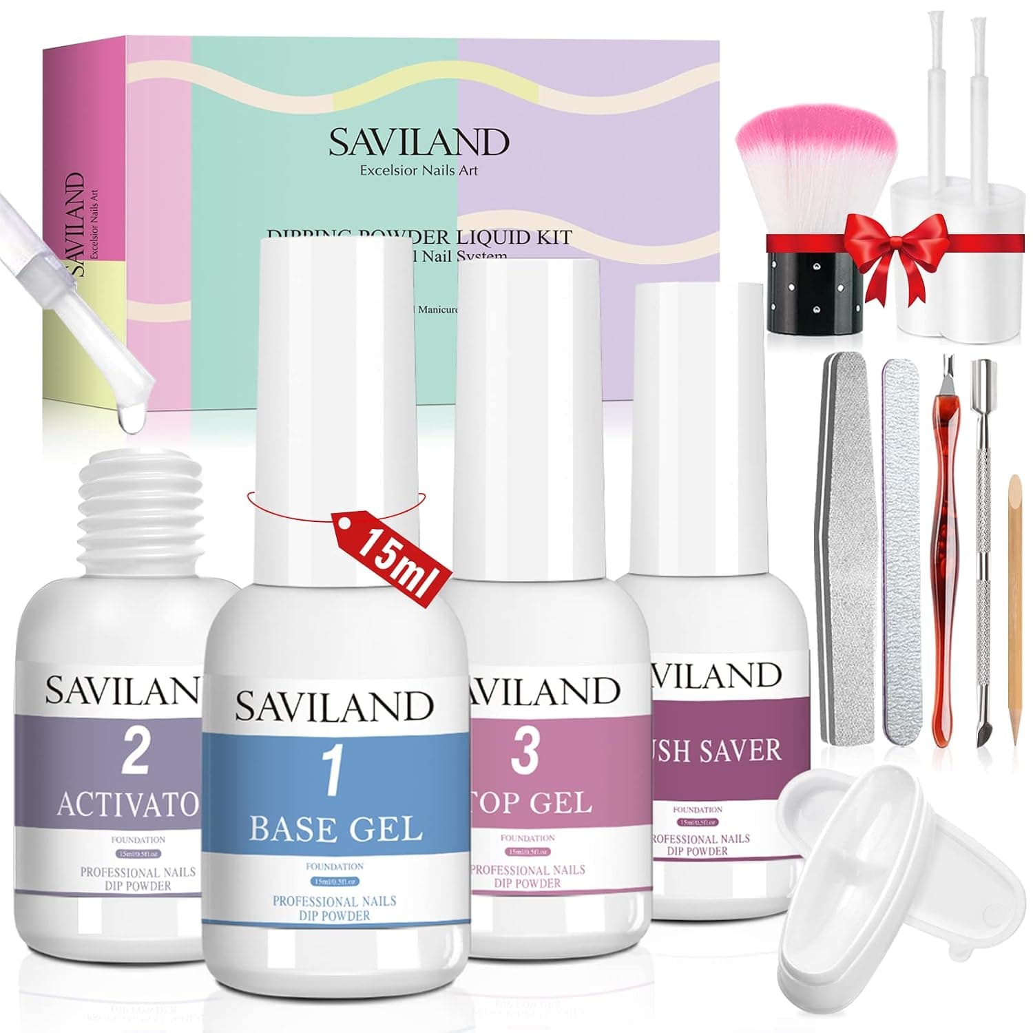 Saviland Dip Powder Liquid Set - 4+9PCS Dip Powder Nail Kit Quick Dry Dip Powder Set 15ml/0.5oz Dip Powder Base Activator Top Coat Brush Saver Tray for Dipping Powder Beginners DIY Dip Nails Art Design