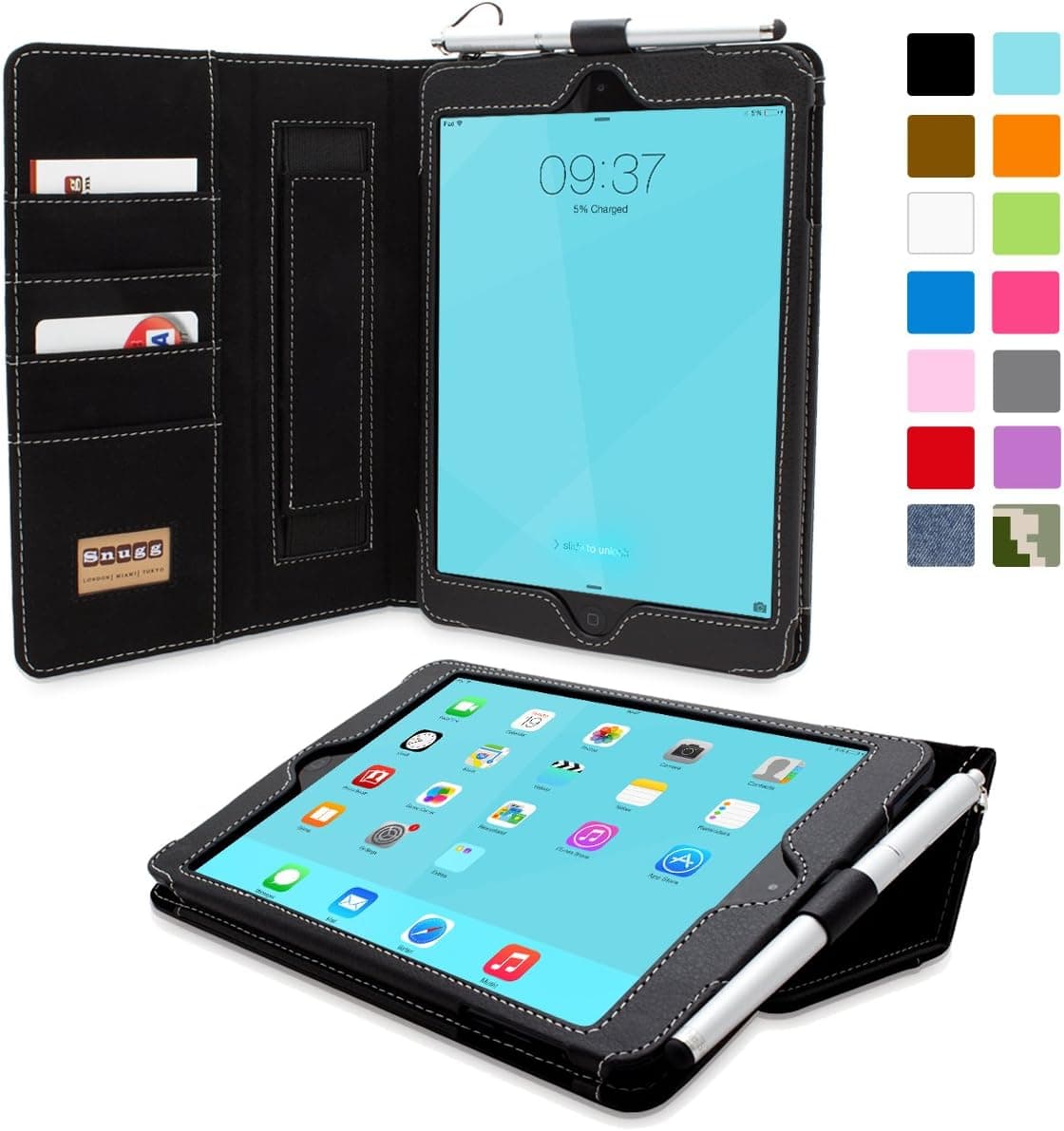 Snugg Apple iPad Mini & iPad Mini 2 Case - Leather Smart Cover With Card Slots (Black)