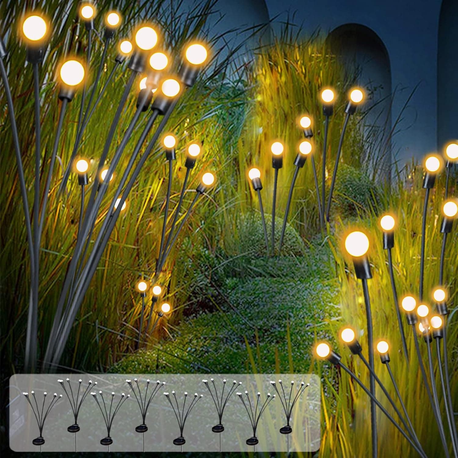 Lanthium 8 Pack Solar Firefly Lights Outdoor Waterproof with 8 LEDs, Solar Powered Outdoor Lights - Swaying Solar Garden Lights - Warm White Solar Powered Firefly Lights, Christmas Lights for Garden