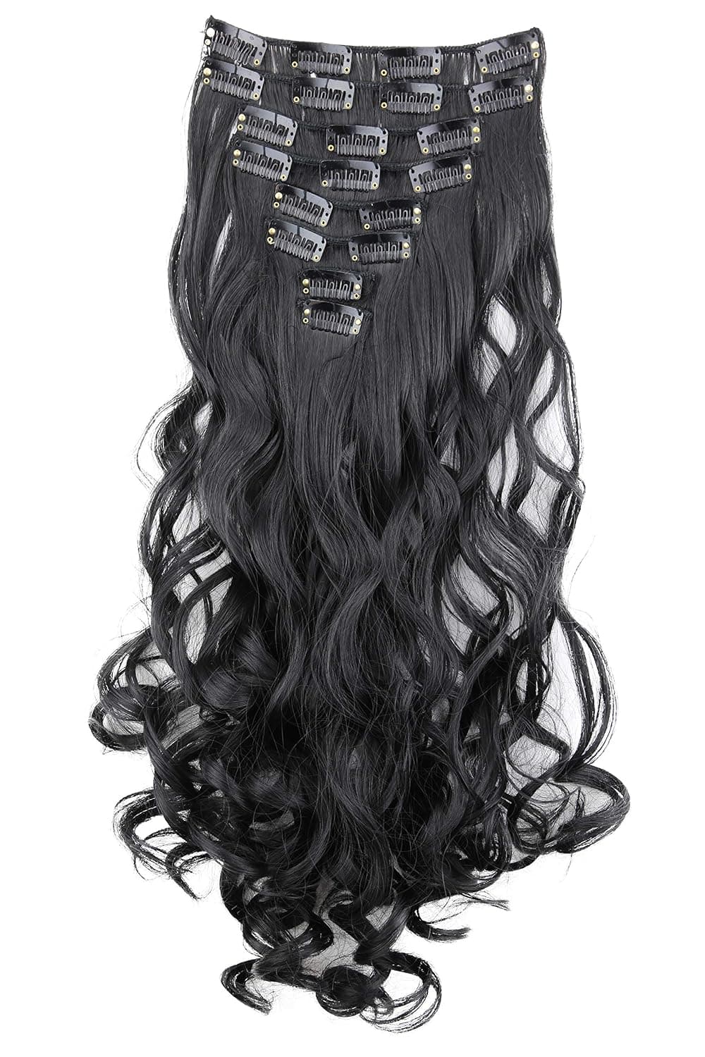 CAISHA by PRETTYSHOP XL 18" 7 Pieces Set CLIP IN EXTENSIONS Hairpiece Wavy Black CE1-1