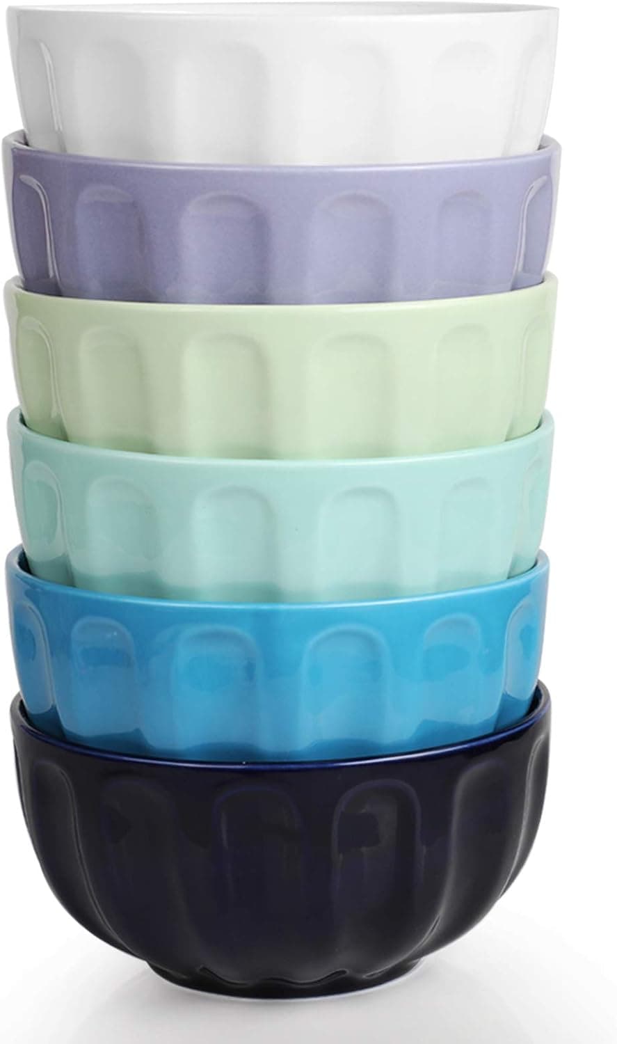 amhomel Porcelain Deep Bowls, 26 Ounce for Cereal, Soup, Side Salad, Rice and Noodles, Microwave and Dishwasher Safe, Fluted Bowls Set of 6(Cold Assorted Colors, 6 Inch)