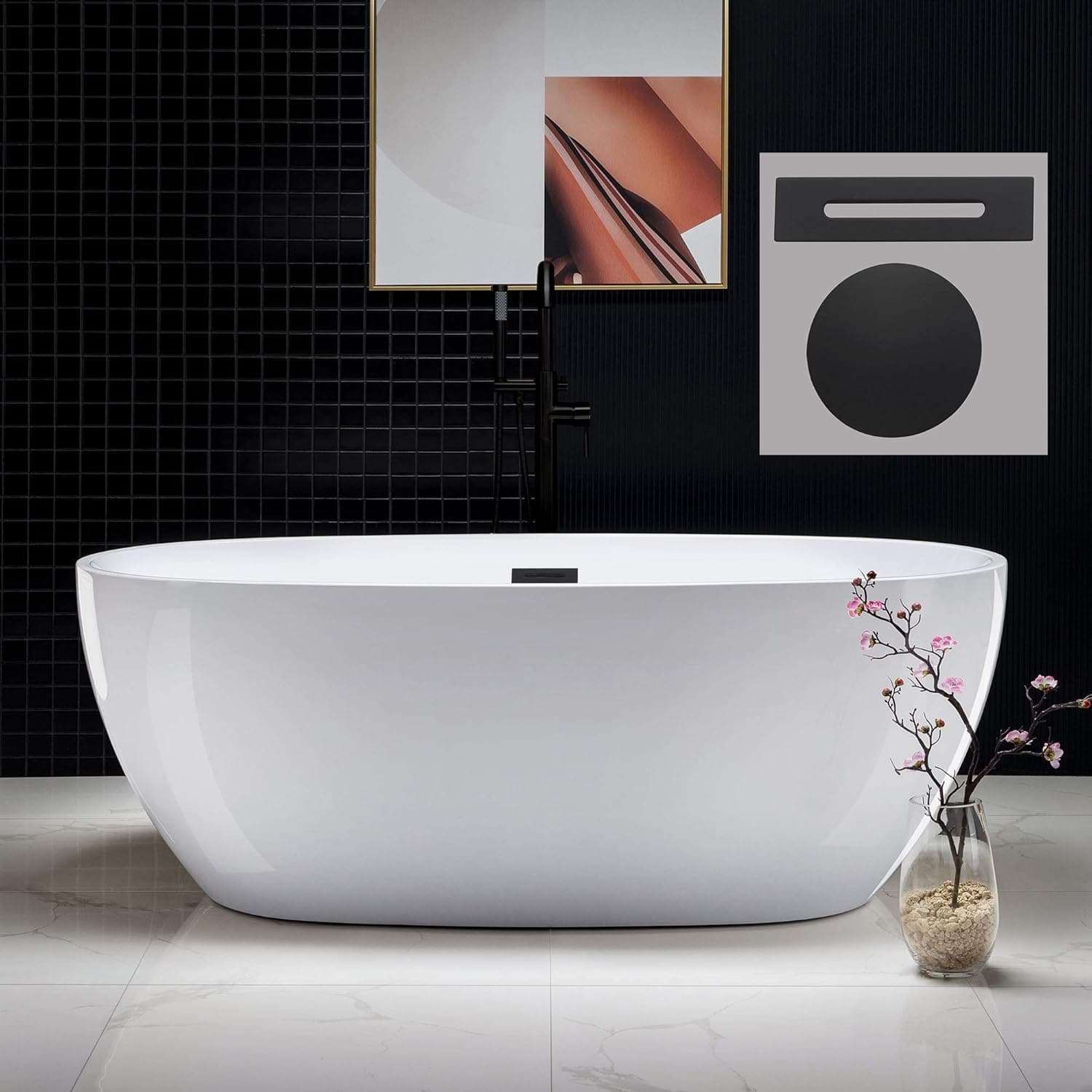 WOODBRIDGE 67" Acrylic Freestanding Bathtub Contemporary Soaking White Tub with Matte Black Overflow and Drain， B0028 -MB-Drain &O