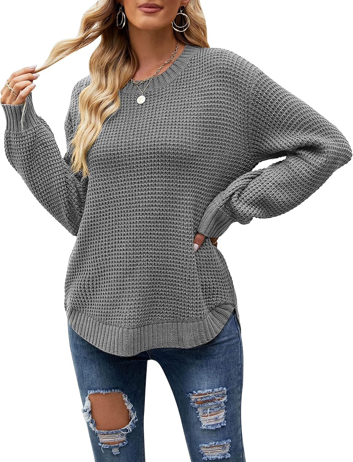 MEROKEETY Women's 2023 Casual Fall Waffle Knit Sweater Long Balloon Sleeve Loose Pullover Jumper