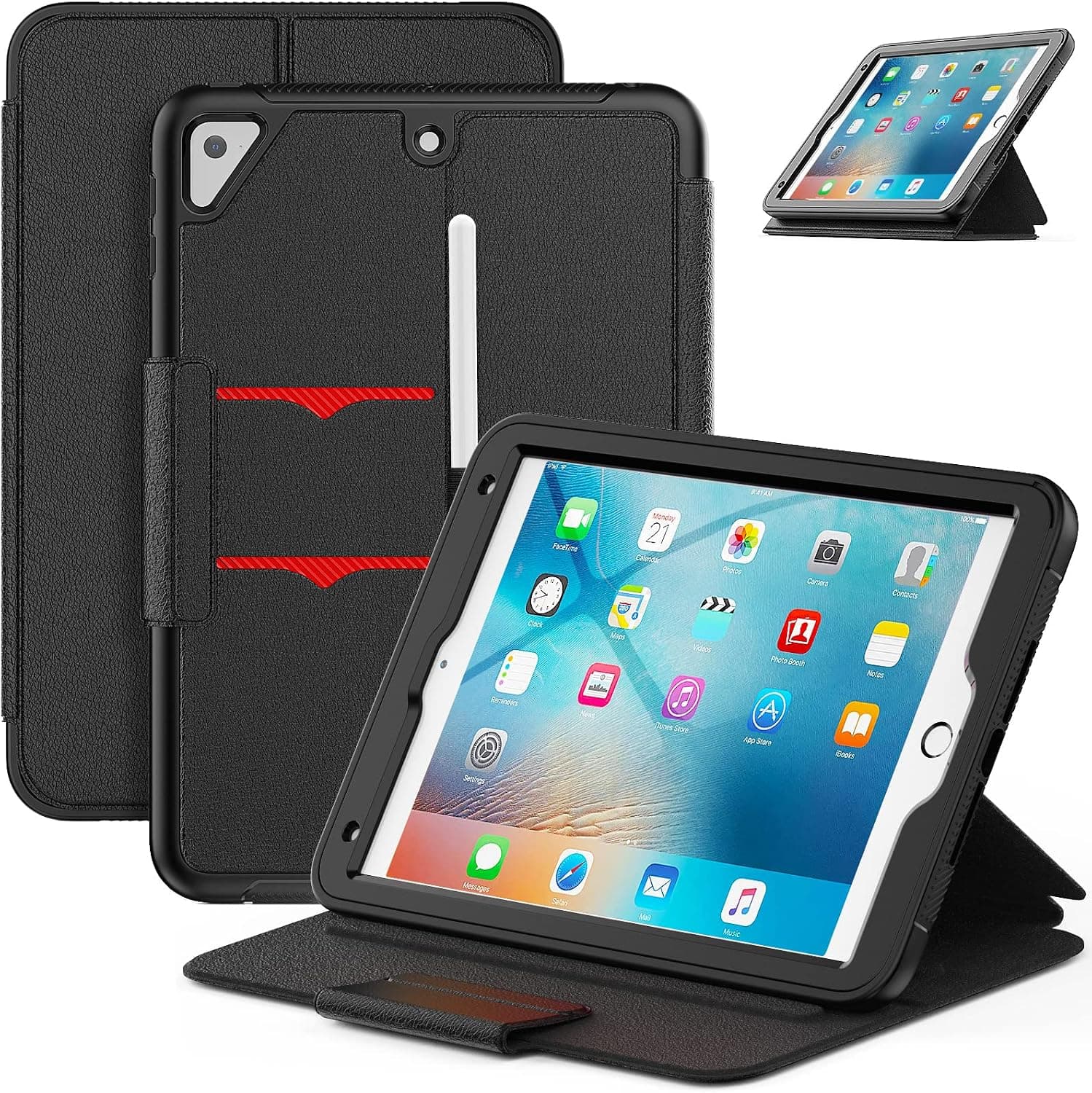 SEYMAC stock iPad Mini 5/4 Case 7.9'', Smart Magnetic Auto Sleep Mini 5/4 Cover with Card Pocket Steady Stand for iPad Mini 5th/4th Generation 2020/2015 7.9"-Black