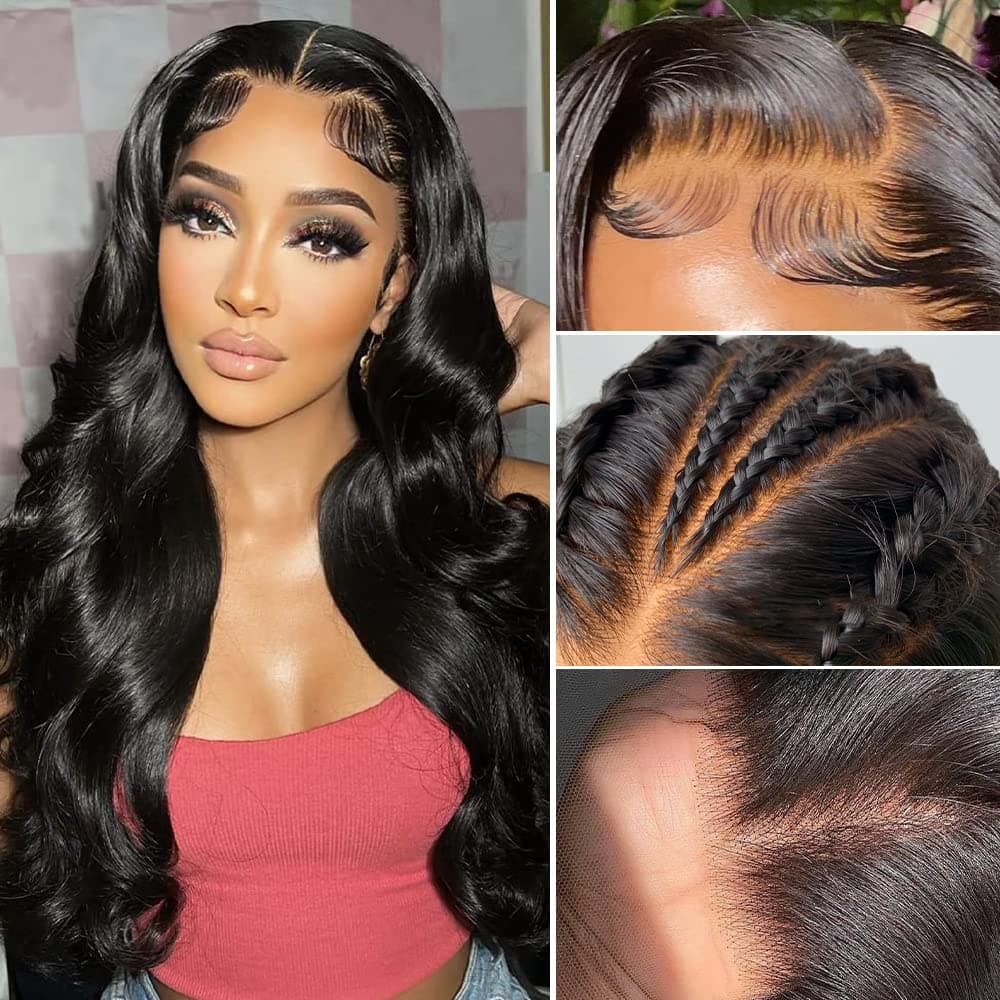 SFD 13x6 HD Lace Front Wigs Human Hair Body Wave Transparent Lace Frontal Wigs Pre Plucked with Baby Hair 150% Density Brazilian Virgin Human Hair Wigs for Black Women Natural Black 20 Inch