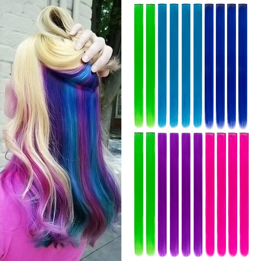 20 Pieces Party Highlights Clip in Colored Hair Extensions Colorful Hair Extensions 20 inches Straight Synthetic Hairpieces(Blue,Dark blue,Grass green,Purple,Rose red)