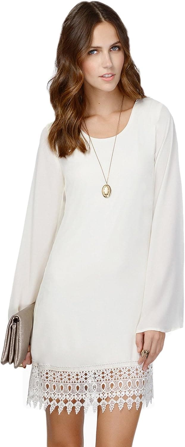 MiYang Women's Long Sleeve Chiffon A-line Lace Stitching Trim Mini Dress