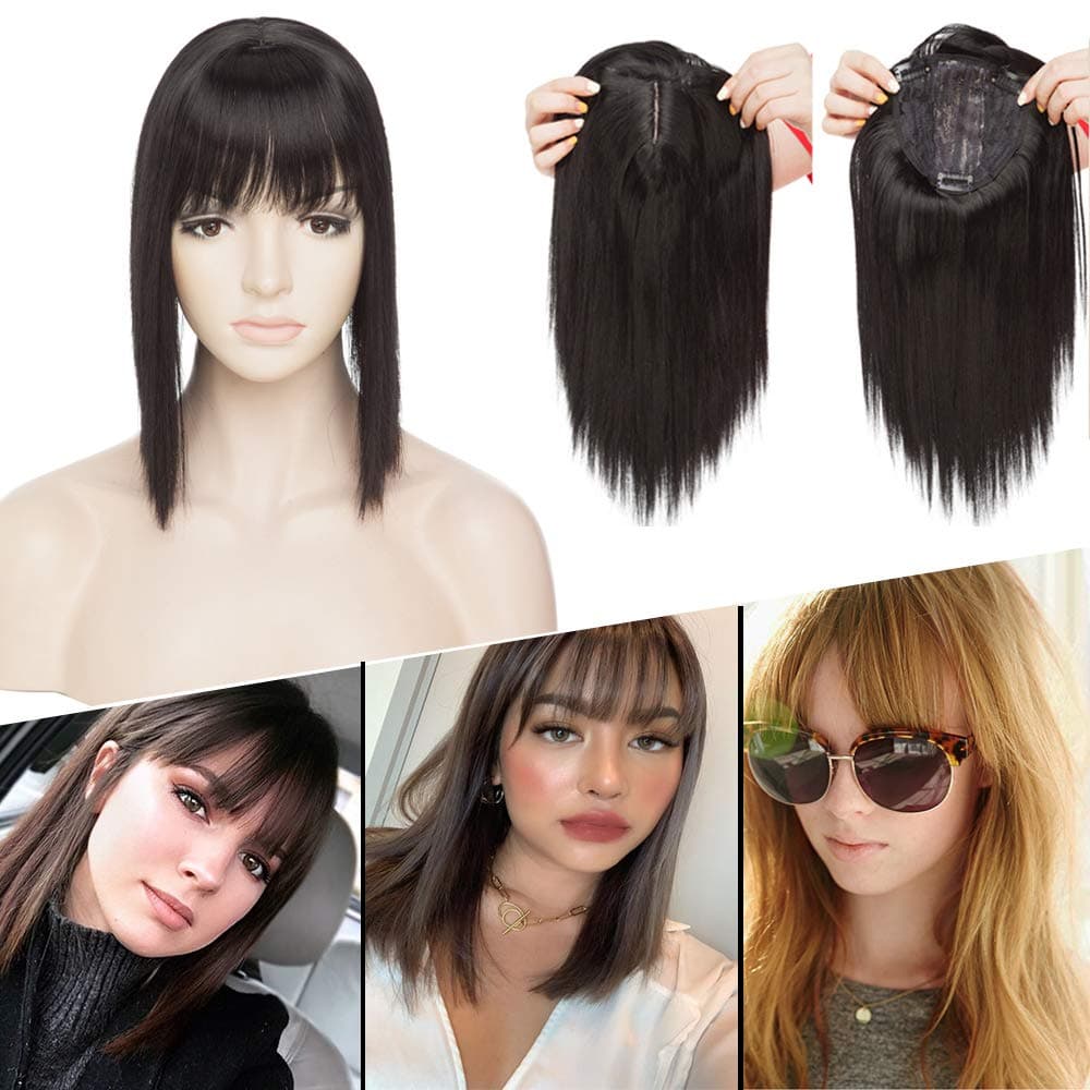 Hairro Clip in Topper with Thin Bangs for Women Japanese Synthetic Hair 11 Inch Short Stragiht Middle Part Clip on Top Toupee Hairpiece with Wispy Fringe for Hair Loss Shoulder Length #1 Black