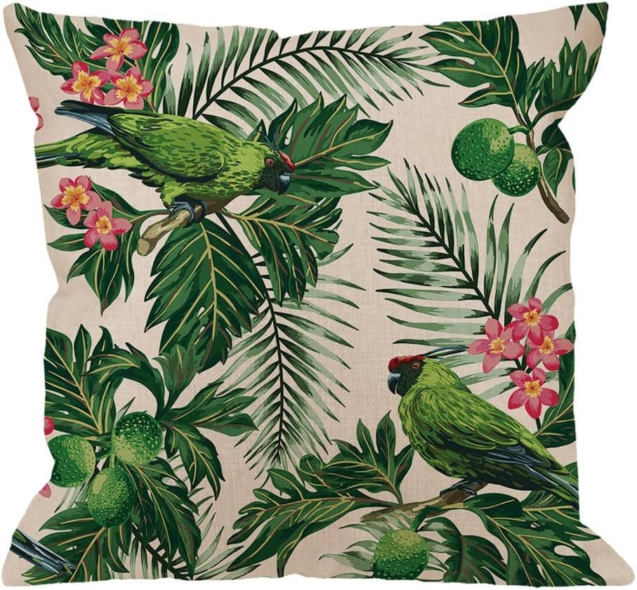 HGOD DESIGNS Green Leaf Pillow Case,Seamless Exotic Tropical Pattern Leaves Fruits and Bird Cotton Linen Cushion Cover Square Standard Home Decorative for Men/Women 18x18 inch Green