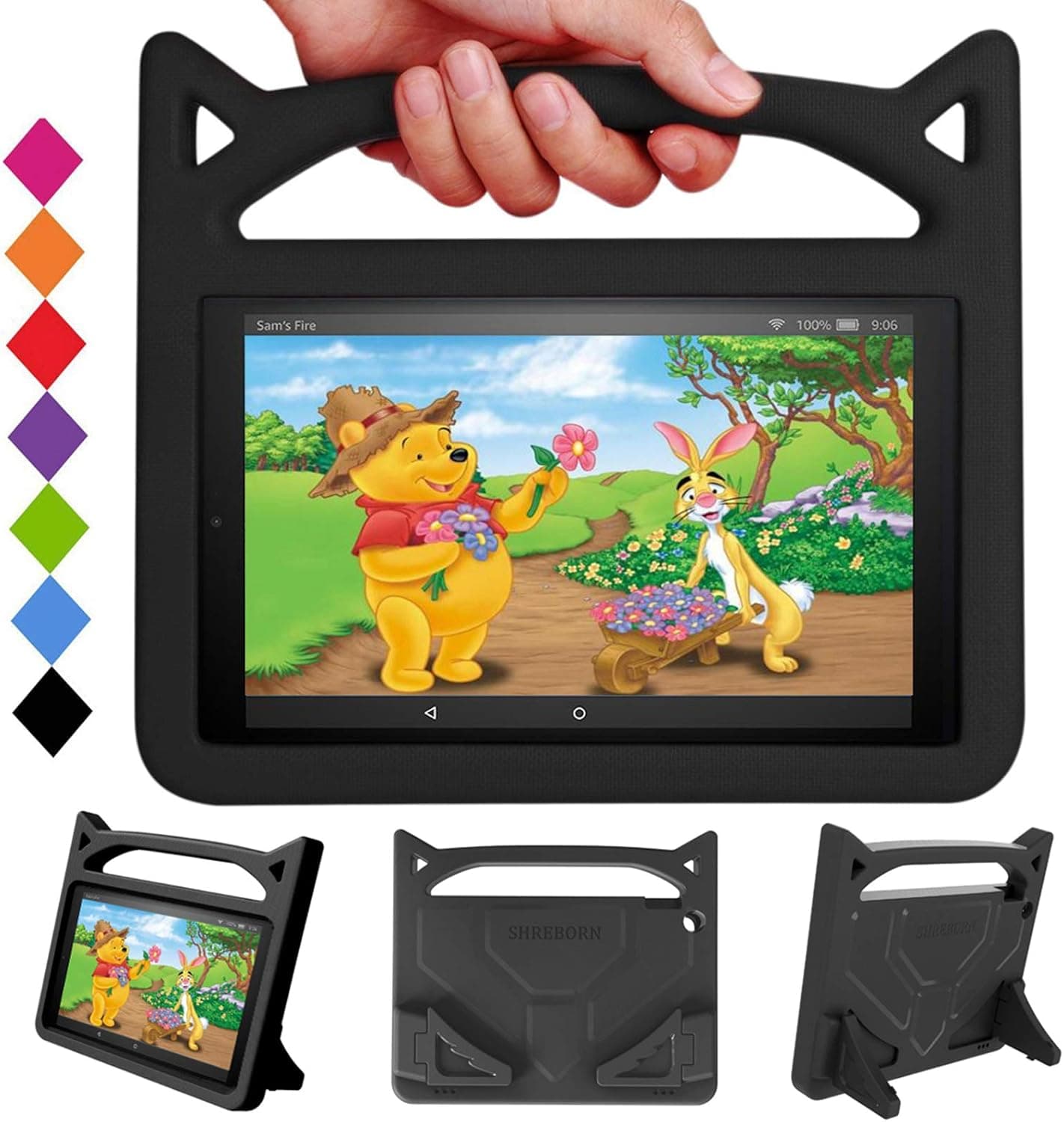 New ＨＤ 10 Tablet Kids Case - SHERBORN Lightweight Shockproof with Stand Kid-Proof Cover Cat Ear Handle Kids Case for All New ＨＤ 10 Tablet(9th/7th/5th Generation, 2019/2017/2015 Release) (Black)