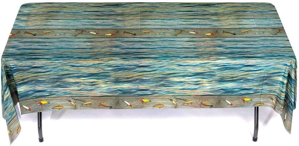 Havercamp Fishing Table Cover! (54"x108") Rectangular Heavy Plastic Cover. Beautiful lakewater Background with Antique Lures. Gone Fishin' Collection