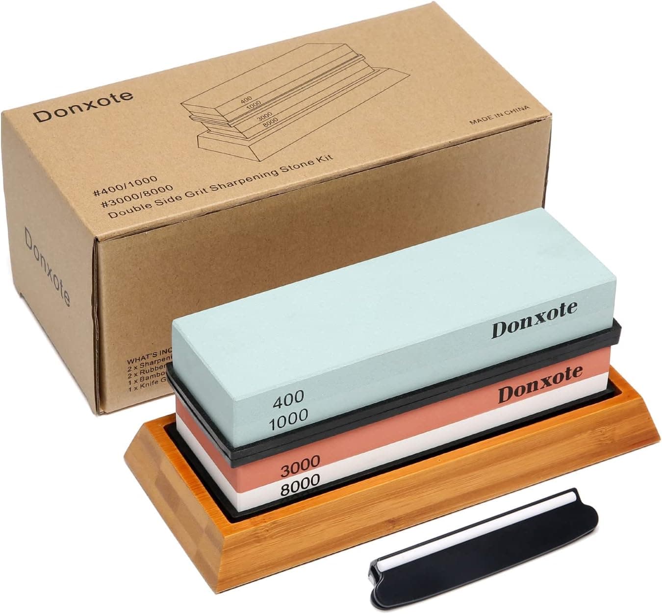 Donxote Knife Sharpening Stone, 400/1000 3000/8000 Double Side Grit Waterstone, Professional Chef Whetstone Sharpener, NonSlip Bamboo Base & Angle Guide