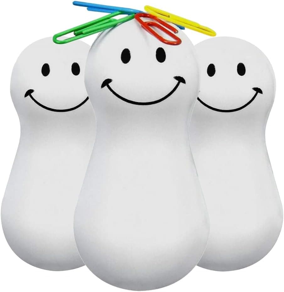 White Miniature Bop Novelty Magnetic Paper Clip Holder for Desk, Squeezable Wobbling Design, Stands Back Up When Knocked Down - Set of 3
