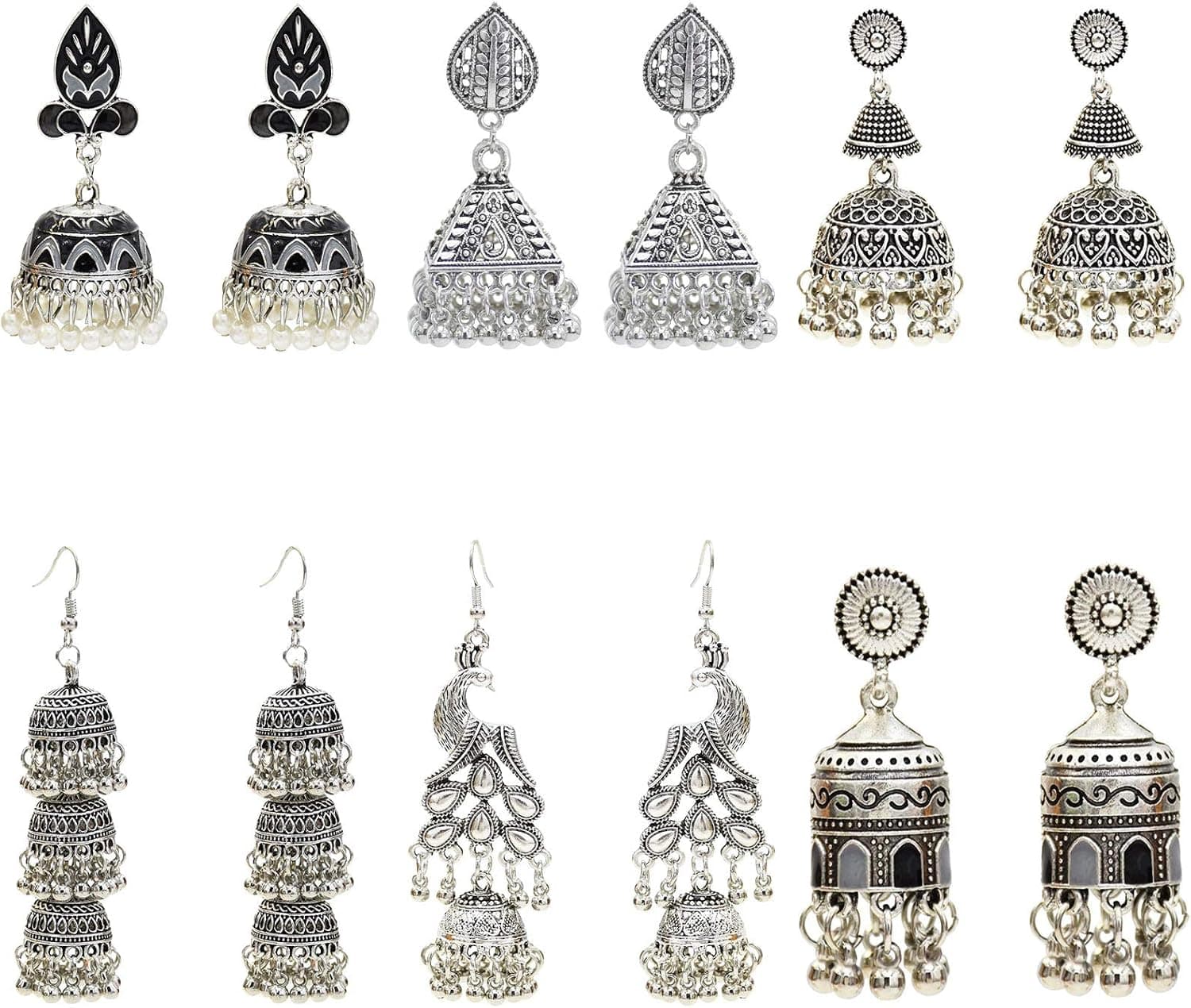 6 Pairs Indian Jhumka Jhumki Ethnic Dangle Earring Sets for Women Vintage Silver Gold Long Tassel Bell Drop Earrings Boho Jewelry