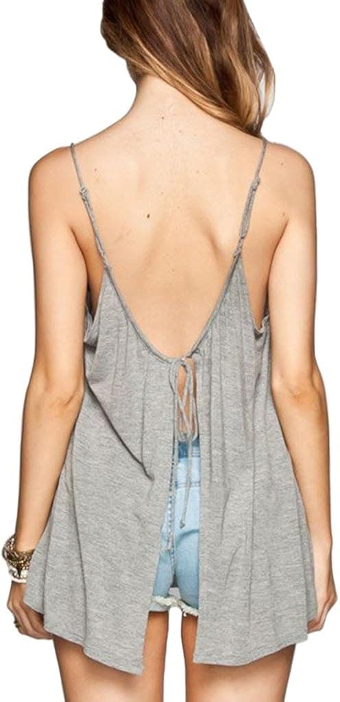 Itopfox Women's Low Cut Casual Loose Backless String Lace-Up Camisole Tank Top