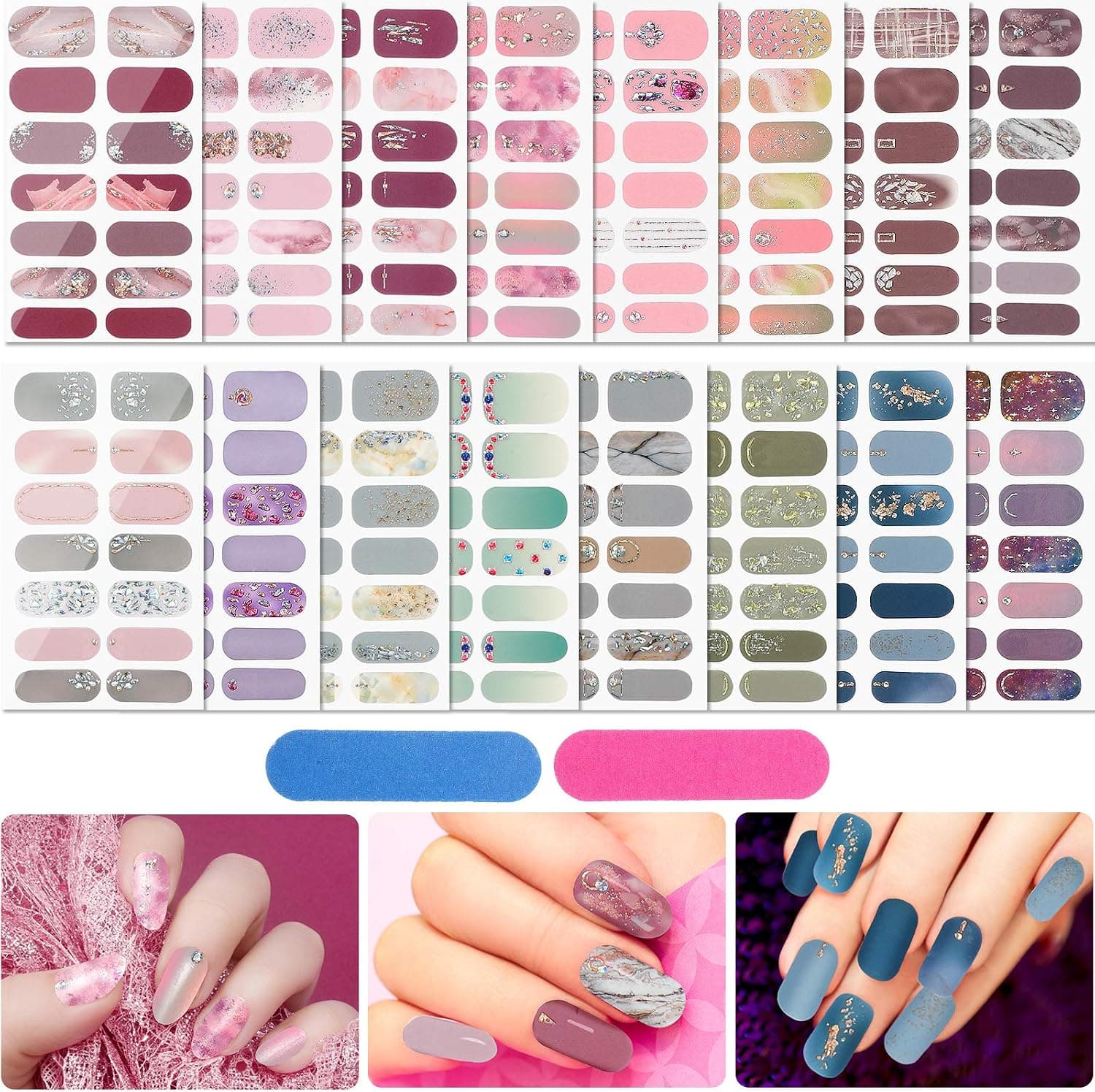 224 Pieces 16 Sheets Full Wrap Nail Stickers Nail Polish Stickers 3D Rhinestone Patterns Self-Adhesive Nail Decals Strips Manicure Kits Nail Designs with 2 Pieces Nail Files for Women Girls