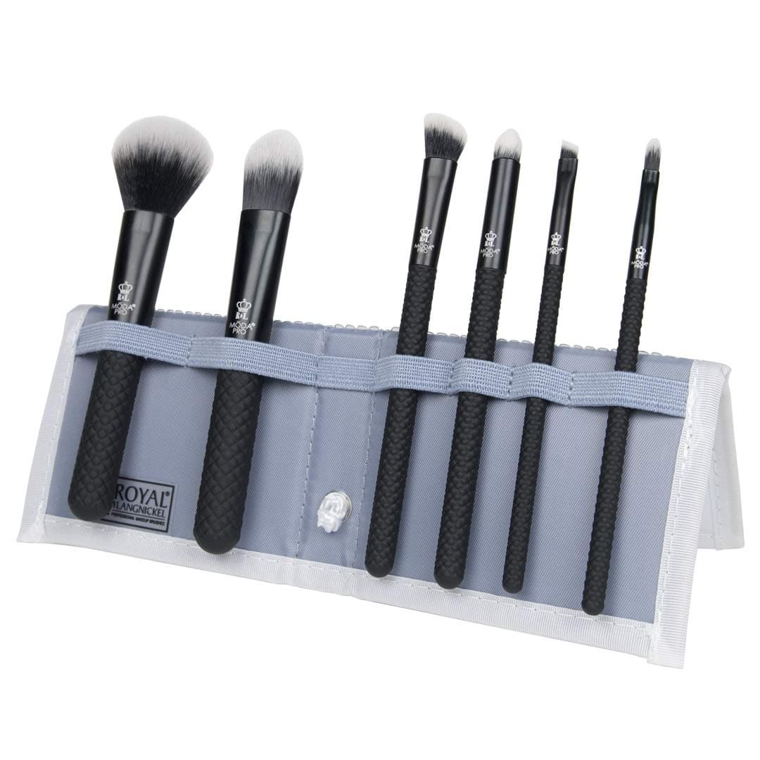 MODA Pro Total Face Travel Size Makeup Brush Set with Pouch, Includes - Powder, Foundation, Angle Shader, Smoky Eye, Brow Liner and Pointed Lip Brushes, Black
