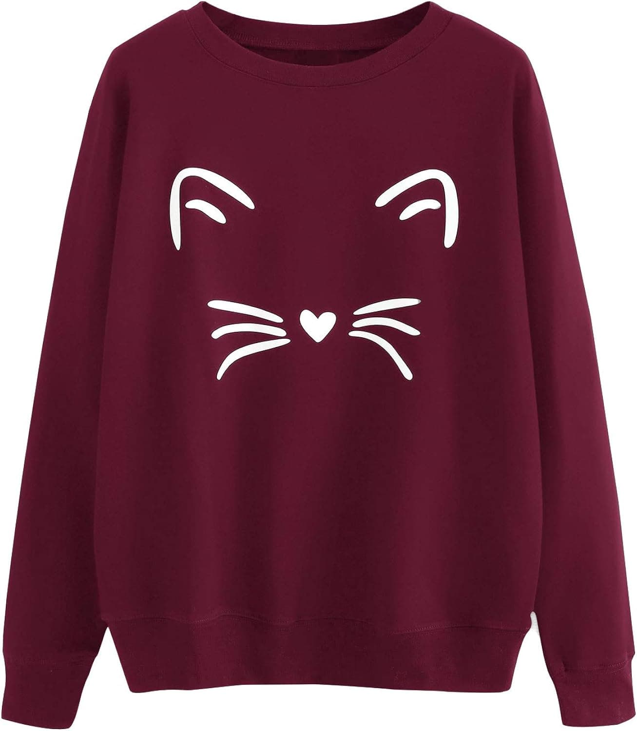 MakeMeChic Women's Cute Graphic Cat Print Casual Long Sleeve Pullover Sweatshirt Tops Burgundy XL