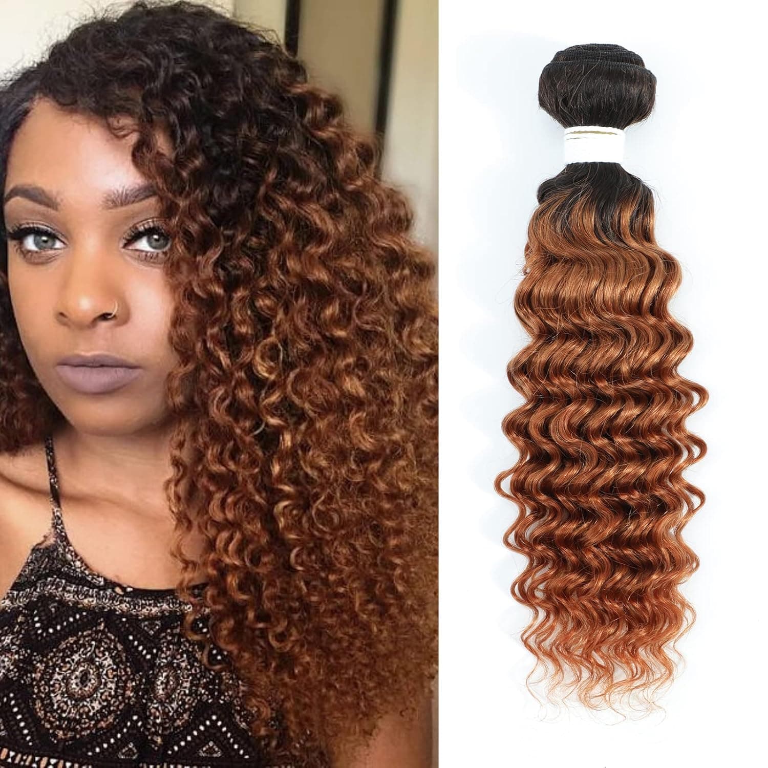 REMY Hair 100% Human Hair Bundle Ombre Brown Color Deep Wave Hair Brazilian Weft Hair Replacement Bundle for Women T1B/30 12inch