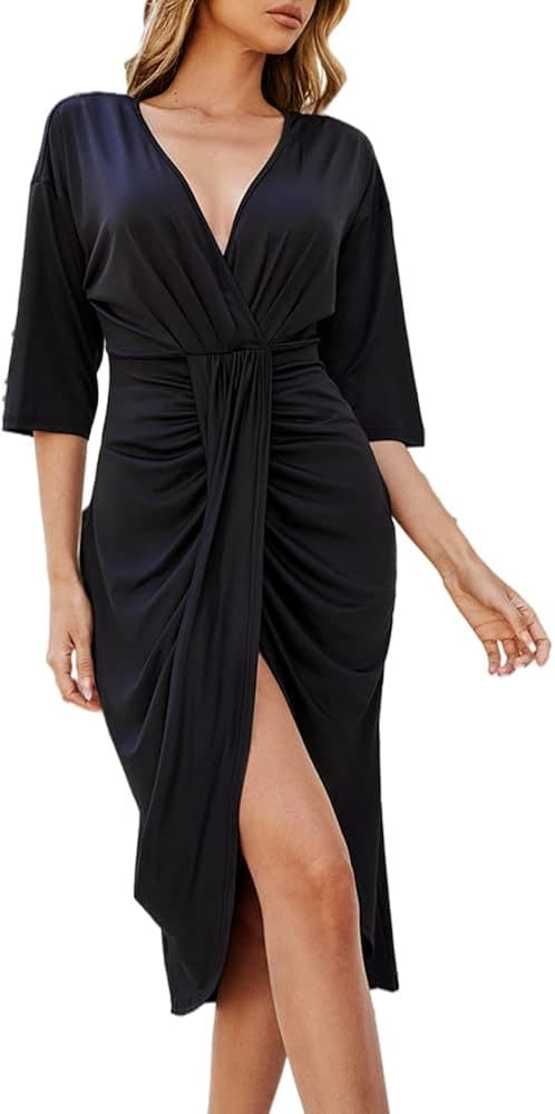 Twist Front Dress for Women Casual V Neck Midi Short Sleeve Bodycon Wedding Cocktail Dresses
