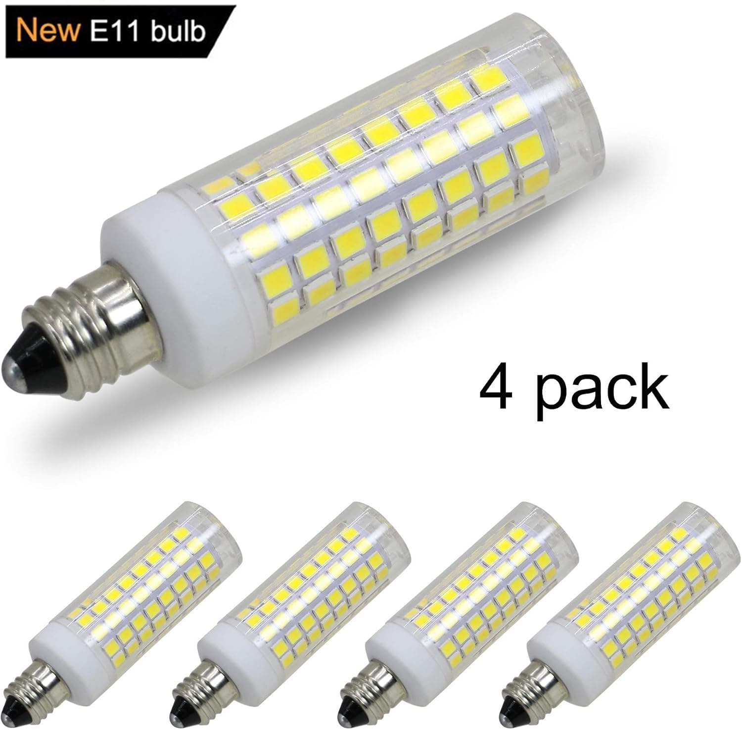 [4-Pack] E11 LED, All-New (102LEDs) E11 Led Bulbs, 8W 75W-100W Equivalent, 850 LM, Daylight 6000K, Dimmable,E11 Mini Candelabra Base, JD T3/T4 360 Degree Beam Angle for Indoor Decorative Lighting.