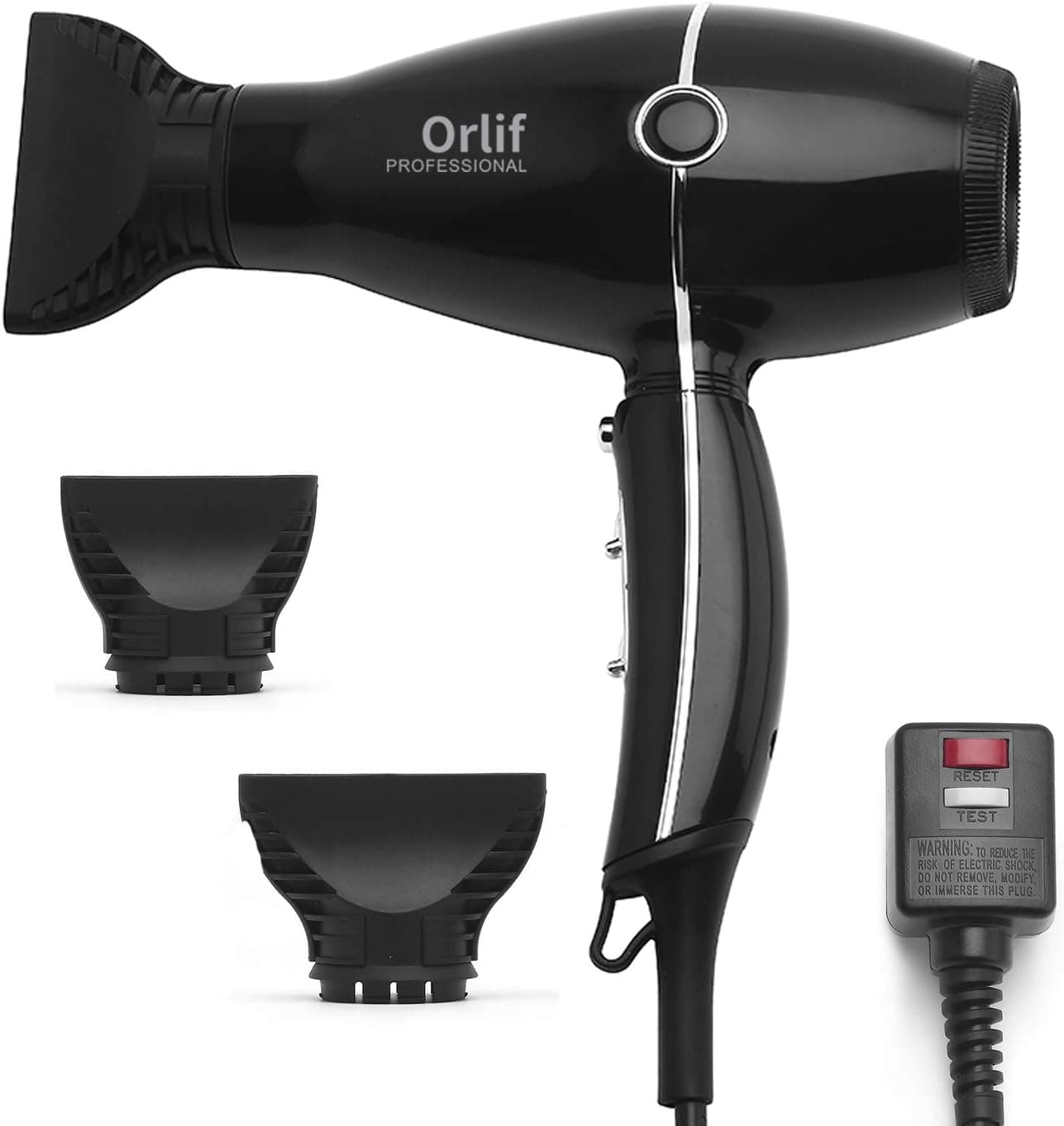 Orlif 1875W Hair Dryer，Ionic Fast Dry Noiseless Hair Blow Dryer with AC Motor，Professional Salon Hair Dryers with 2 Concentrator Nozzle Attachments，2 Speed and 3 Heat Settings，Cool Shot Button，Black