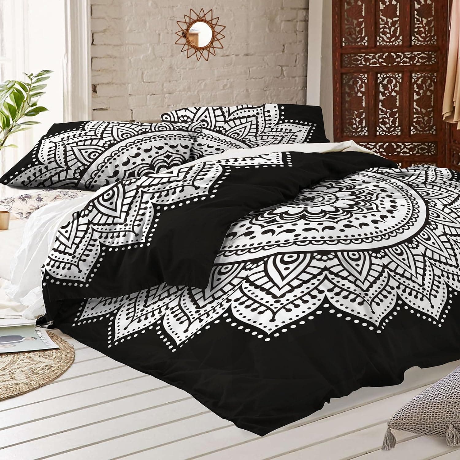 RawyalCrafts Black and White Mandala Duvet Cover with Two Pillow Covers - Bohemian Doona Set- Indian Reversible Quilt Cover