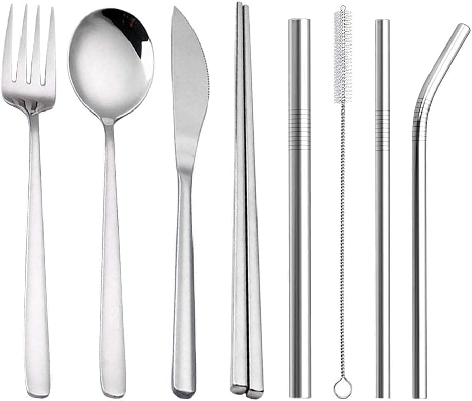 Greenandlife Portable Utensils, Travel Camping Cutlery Set, 8-Piece including Knife Fork Spoon Chopsticks Cleaning Brush Straws Portable Case, Stainless Steel Flatware set