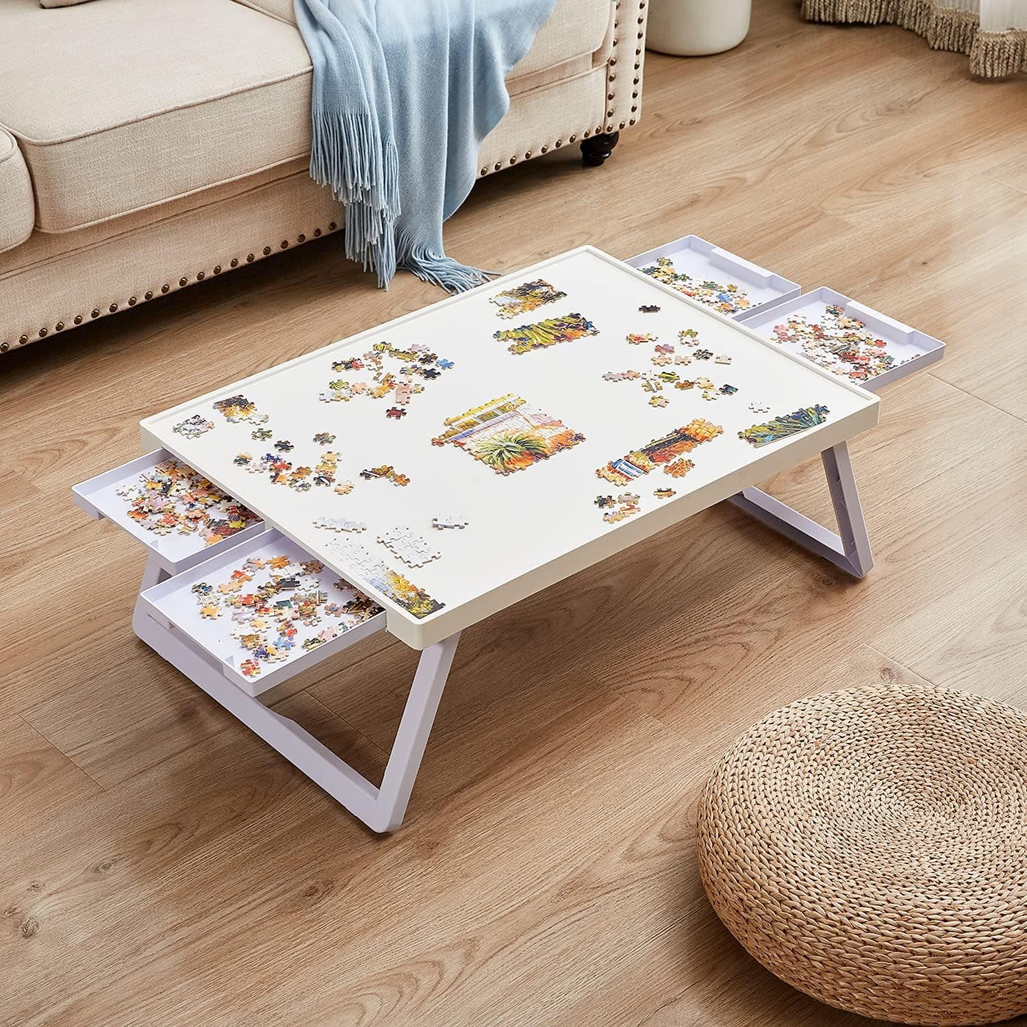 Plastic Puzzle Board, Plastic Puzzle Tables, Puzzle Boards and 4 Storage & Sorting Drawers, Jigsaw Puzzle Table, Puzzle Board, Puzzle Tray with Foldable Legs, Standard Size: 29" x 21" for 1000 Pieces