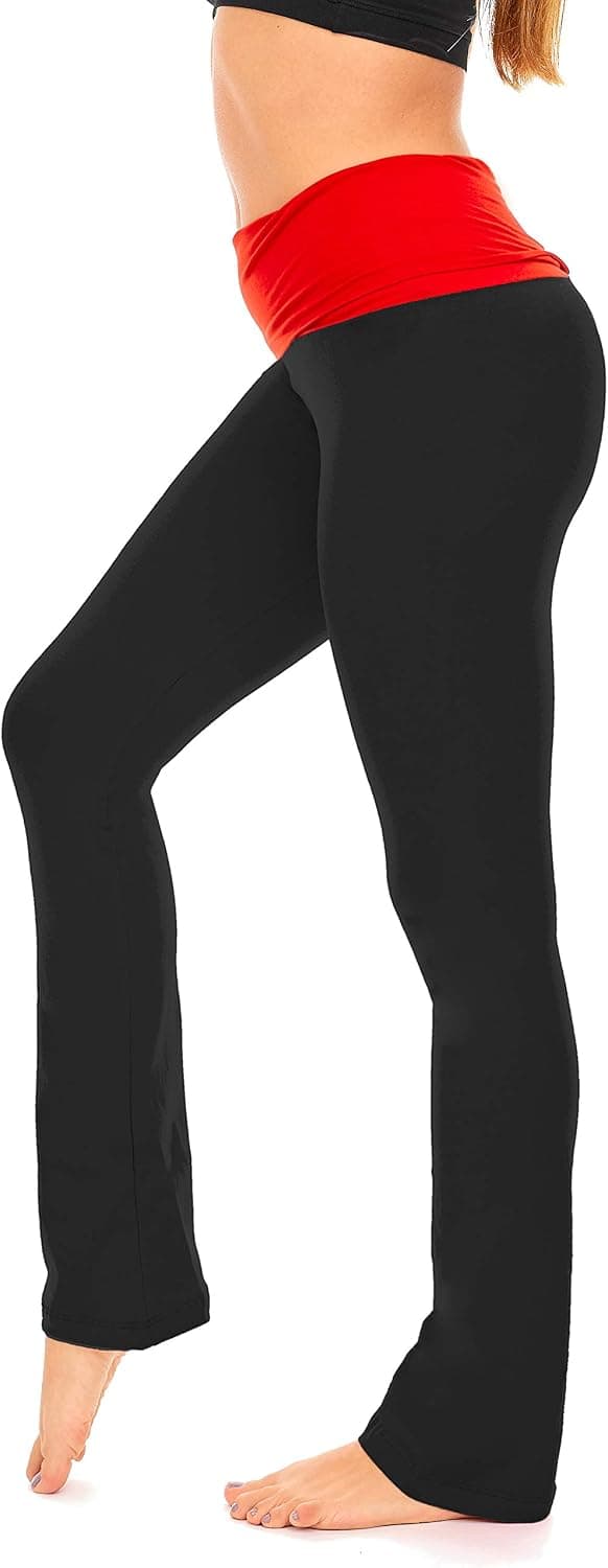 DEAR SPARKLE Bootcut Fold Over Leggings for Women | Slim Look Bootleg Yoga Pants w Pocket + Plus Size (C5 F)