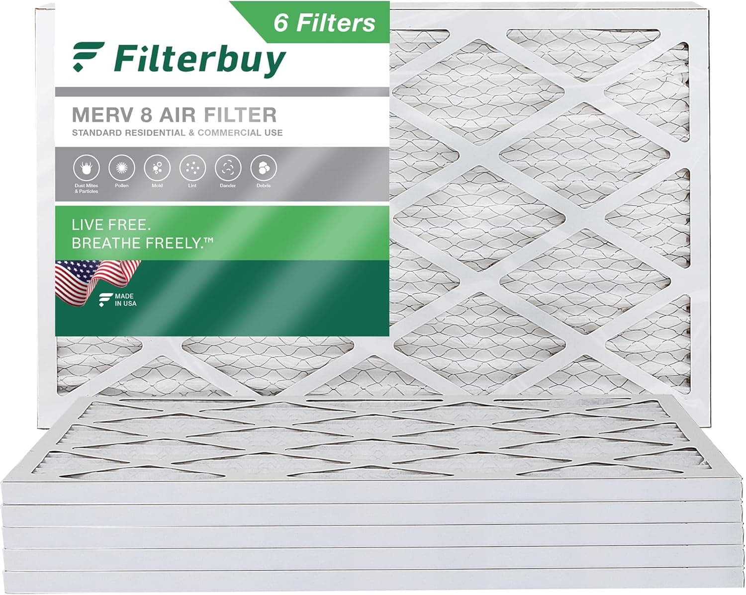 Filterbuy 14x36x1 Air Filter MERV 8 Dust Defense (6-Pack), Pleated HVAC AC Furnace Air Filters Replacement (Actual Size: 13.50 x 35.50 x 0.75 Inches)