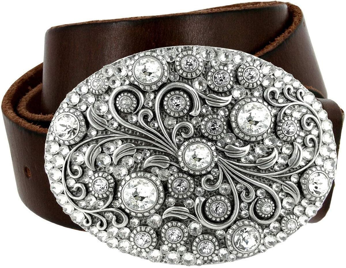 Timeless Tranquility Rhinestone Crystal Floral Buckle Genuine Leather Belt 1-1/2"(38mm) Wide