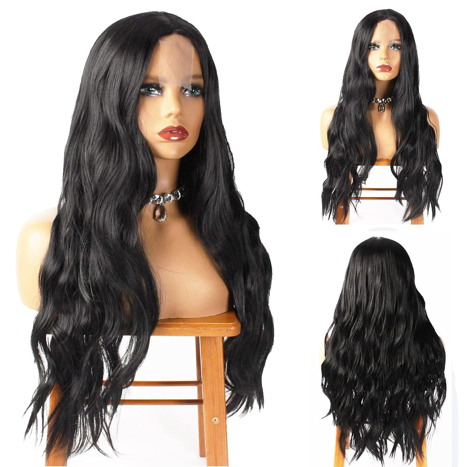 DIAMOND QUEEN Long Black Wig for Women Middle Part Natural Looking Curly Wavy Wig Heat Resistant Fiber Synthetic Wigs (Black)