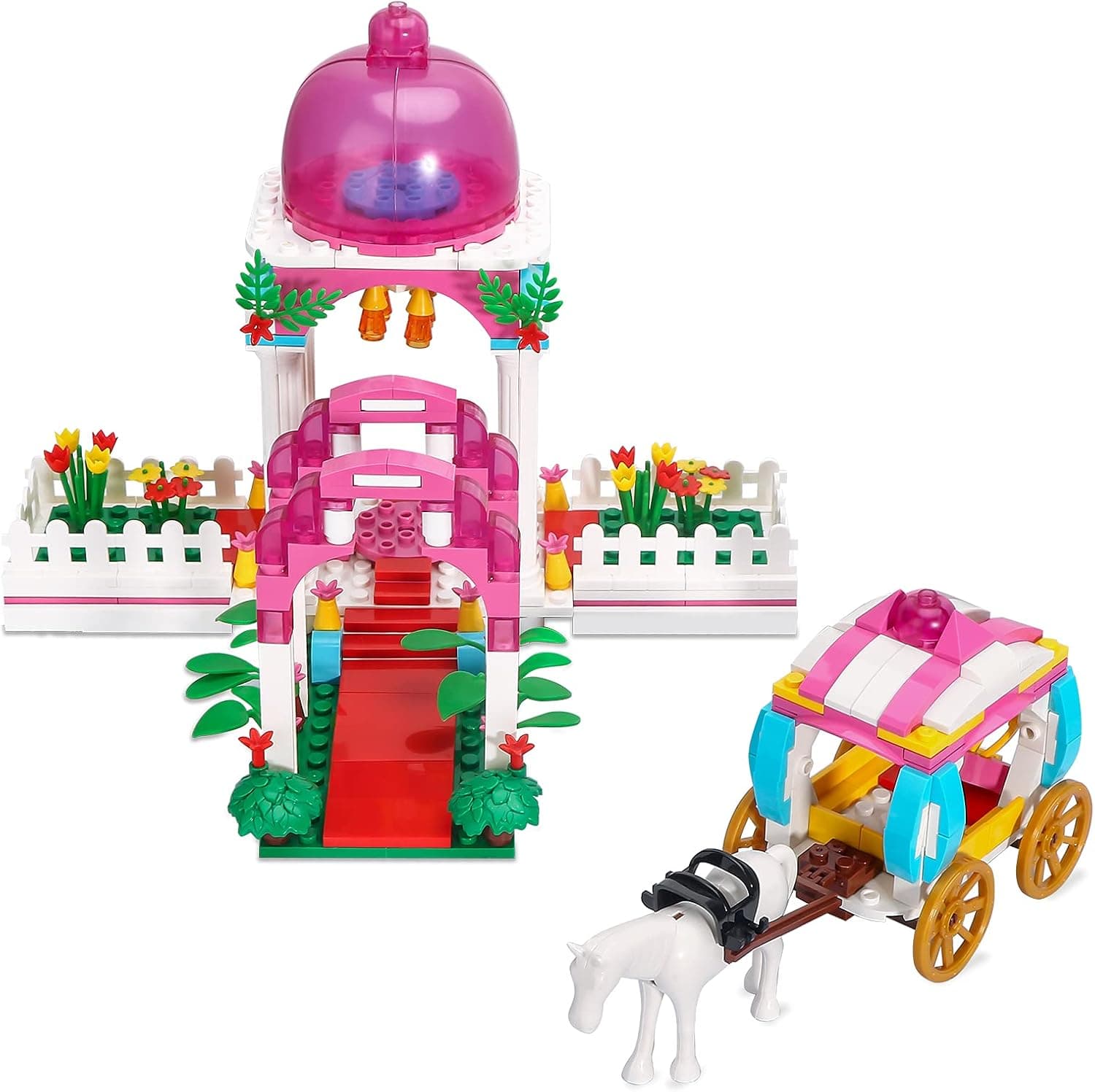 Princess Castle Carriage Building Bricks Set for Girls 6-12, Building Blocks with 4 Mini Dolls, Pink，367pcs