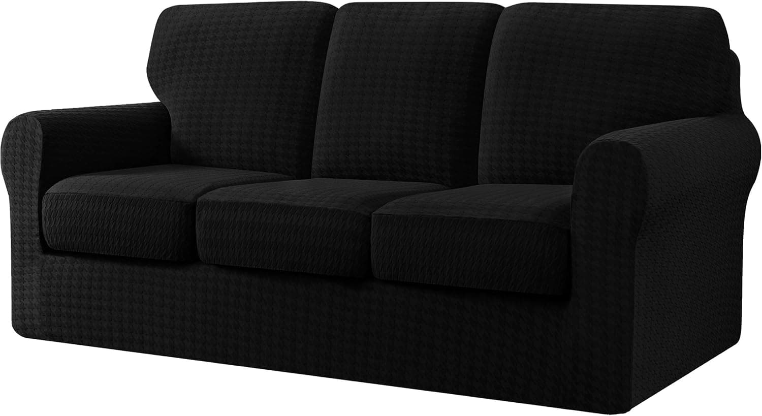 CHUN YI 7 Piece Sofa Cover, 3 Seater Stretch Couch Slipcover with Three Separate Backrest and Cushion with Elastic Band, Houndstooth Fabric( Large, Black)