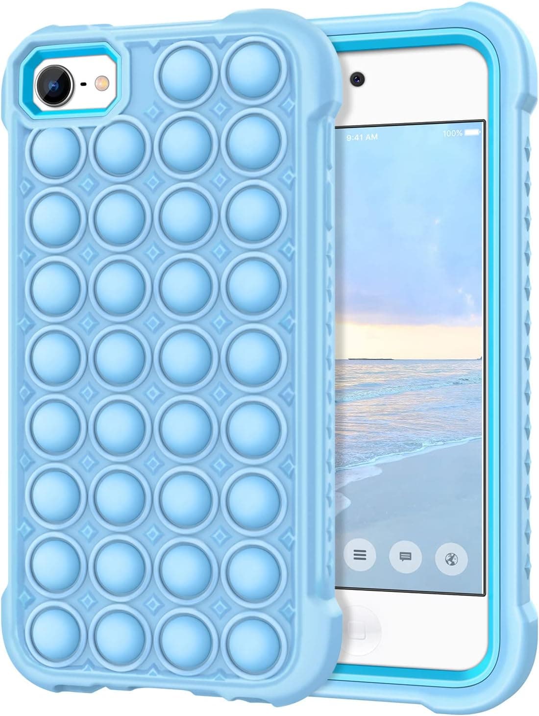Lamcase for iPod Touch 7/6/5 Case, Push Pop Bubble Stress Relief Cute Funny Design Soft Silicone Three Layer Shockproof Protective Girls Women Cover for iPod Touch 5/6/7th Generation, Blue