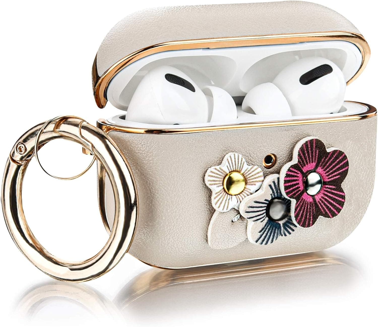 V-MORO Compatible with Airpods Pro Case, Flower Leather Protective Case for Apple Airpods Pro 2019/Airpods Pro 2nd Generation Wireless Charging Case Cover with Keychain Women Men,White