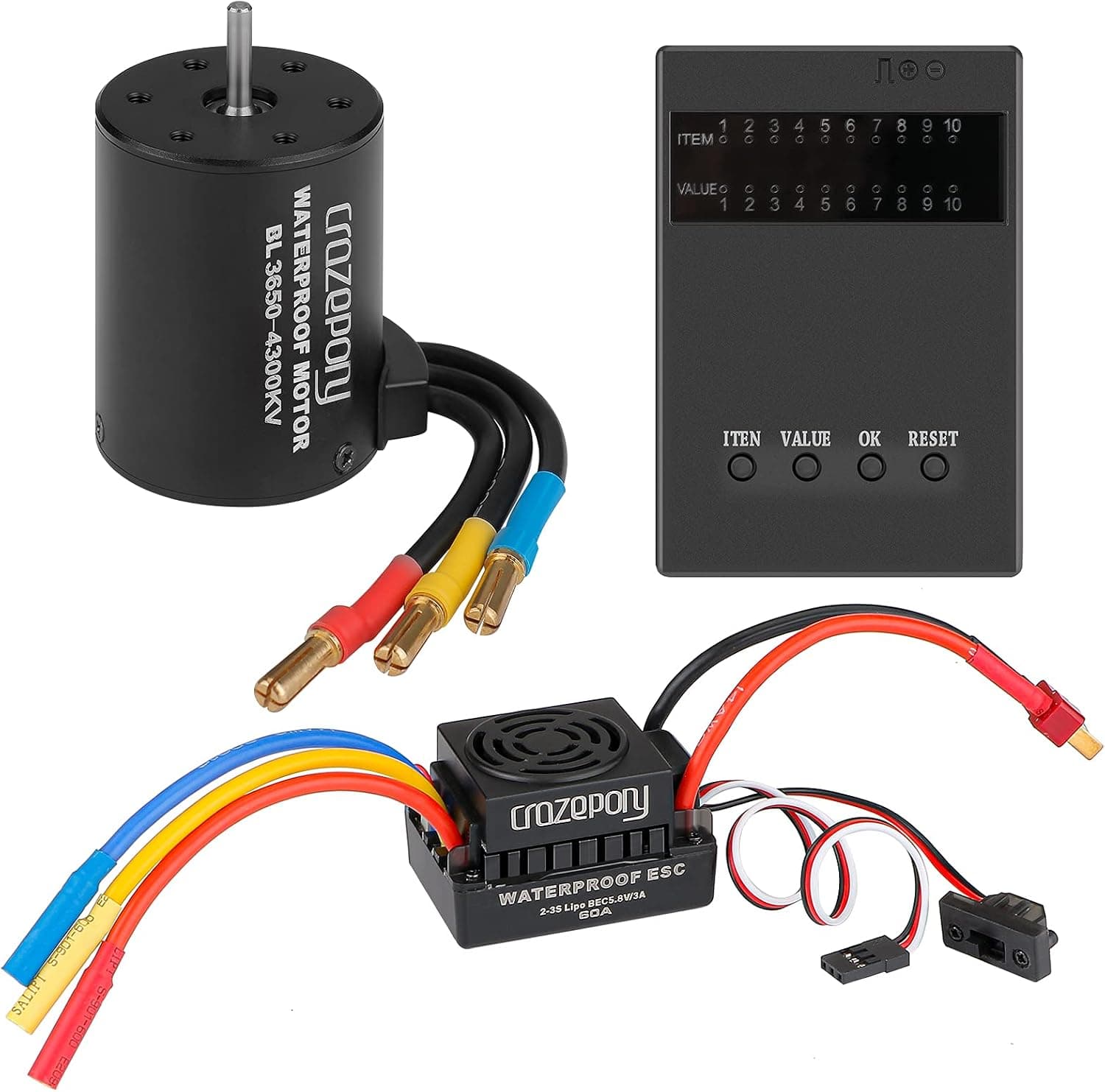 3650 4300KV Sensorless Brushless Motor with 60A ESC Electronic Speed Controller Programming Card Waterproof Motor ESC Combo 3.175mm Shaft for 1/10 RC Car Truck