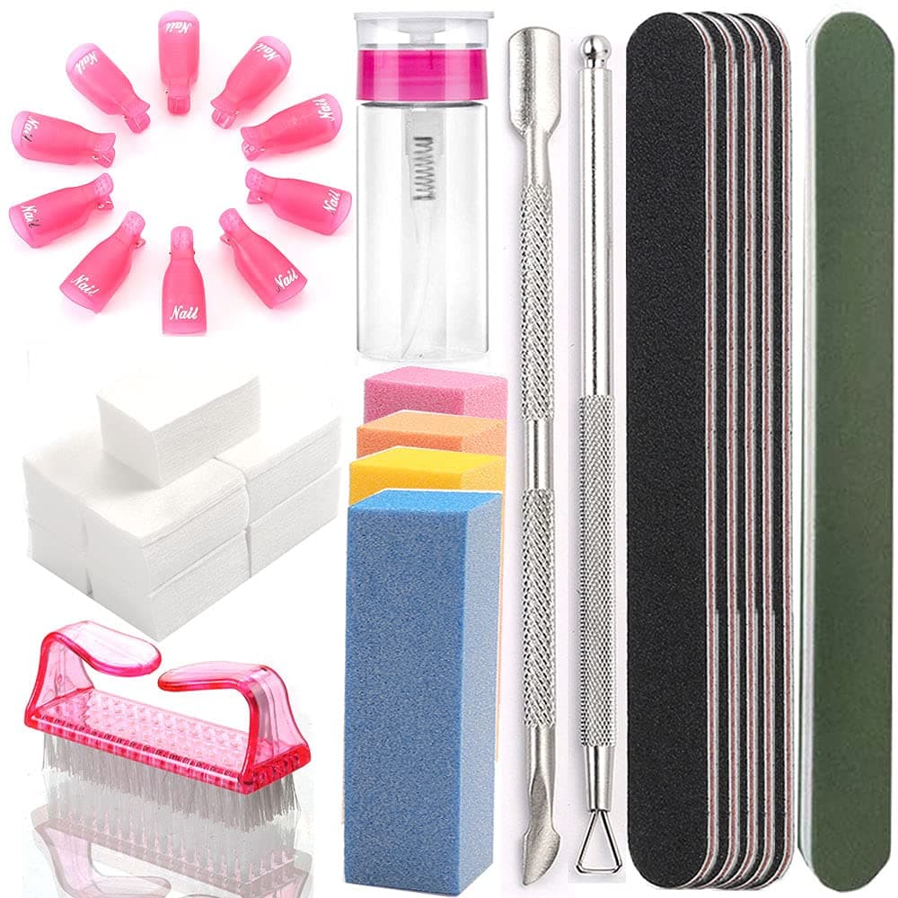 Cuticle Pusher and Cutter Remover - Borogo 100ml Nail Polish Remover Bottle, 500 Nail Remover Pad, Nail Brush, Cuticle Peeler, 100/180 Nail File, Buffer Block