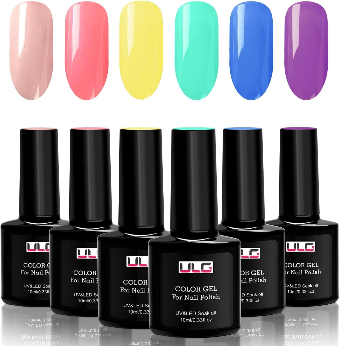 Gel Nail Polish Set-ULG 6 Rainbow Color UV LED Soak Off Gel Polish Nail Art Kit Color Collection 10ml 0.33oz