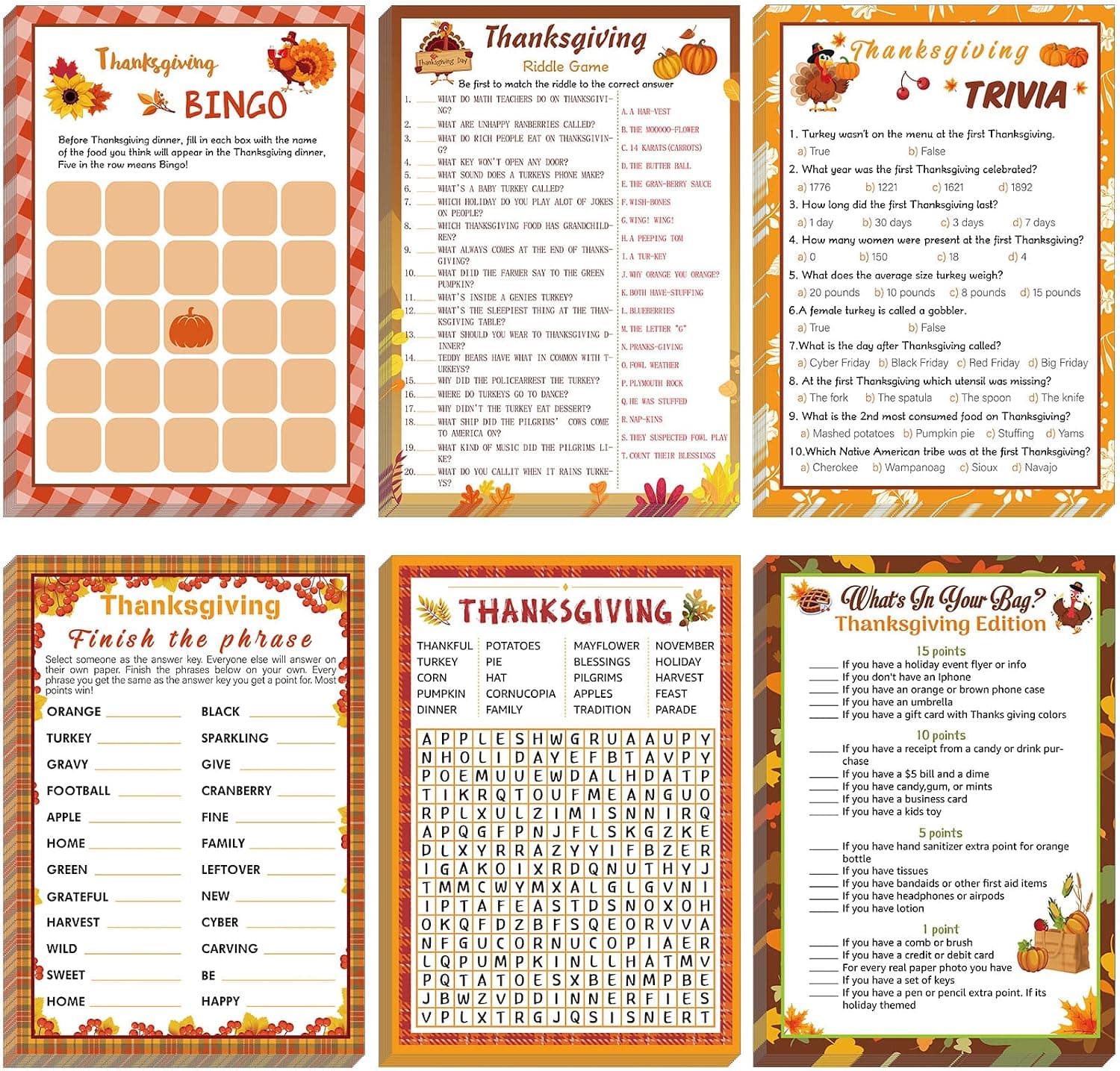 Funtery 150 Thanksgiving Party Games Set Thanksgiving Day Bingo Game Thanksgiving Party Supplies for Kids Adults Holiday Party Favor Craft Supplies, Family Activities, School Classroom, 6 Styles