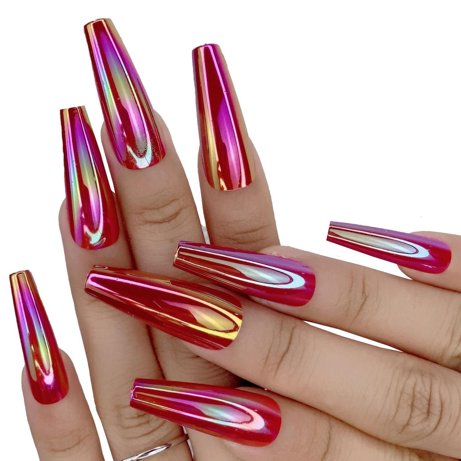 MISUD 24Pcs Coffin Fake Nails, Extra Long False Nails, Aurora Glossy Ballerina Press on Nails, Laser Bling Acrylic Nails for Girls and Women (Dark Red)
